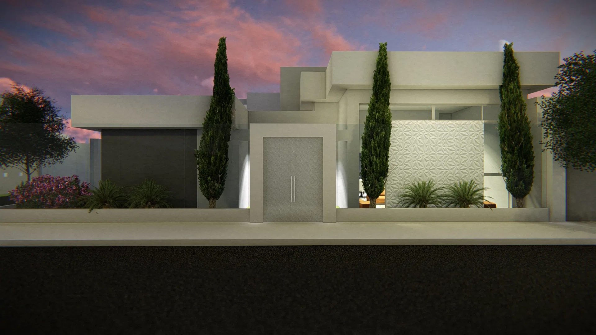 Night facade with an entrance door framed by a geometric relief panel and illuminated cypress trees