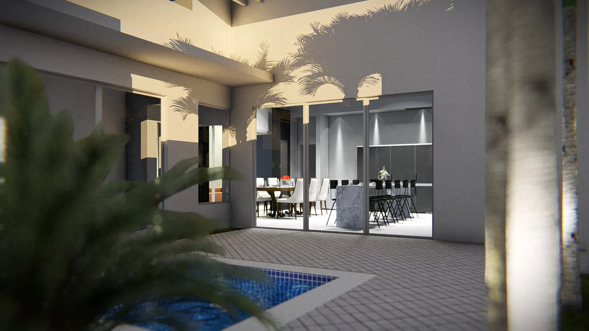 Outdoor veranda overlooking the pool, framed by tropical foliage with glazed access to the kitchen