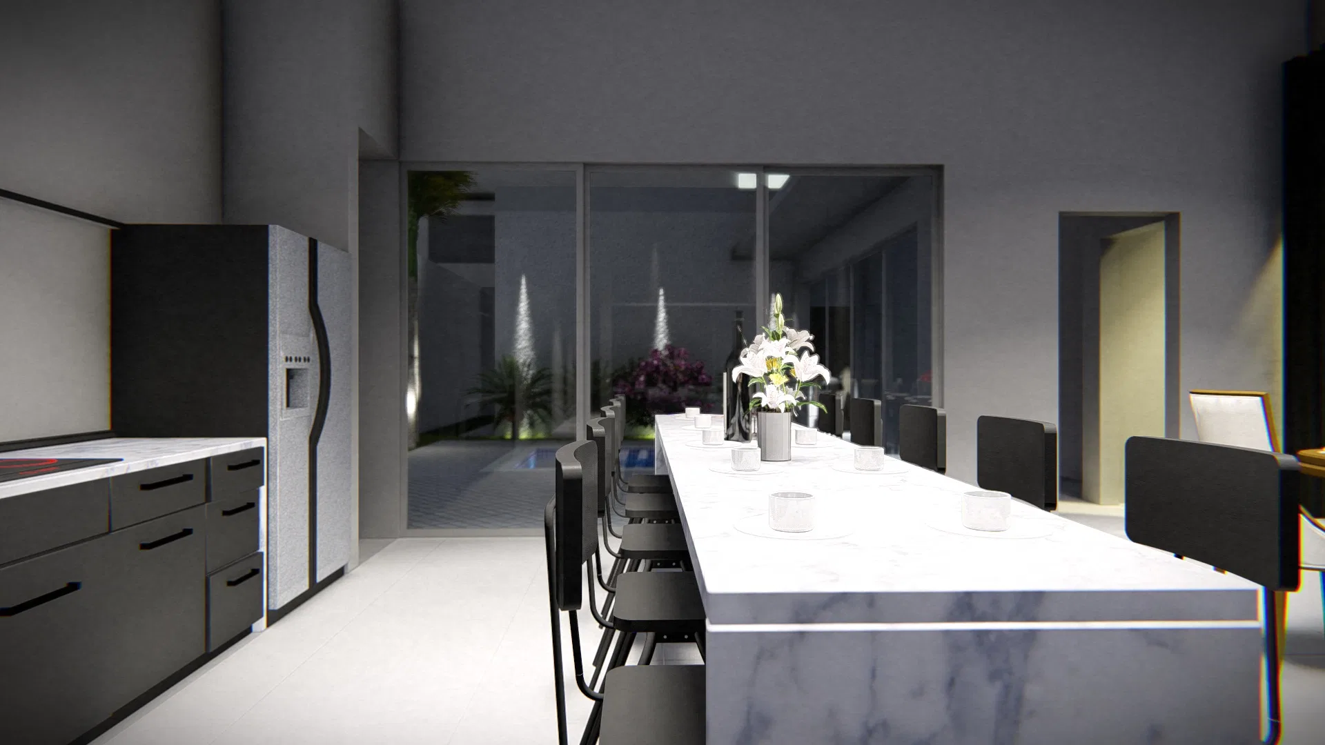 Integrated kitchen and dining area with black cabinetry, a marble island and glass doors facing the pool courtyard