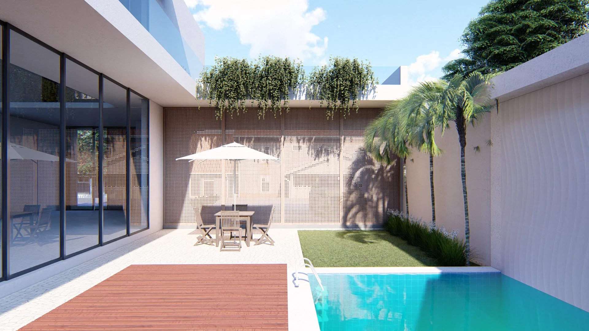 Pool area with a wood deck, a table under a parasol and greenery cascading over a textured panel, a palm in the background