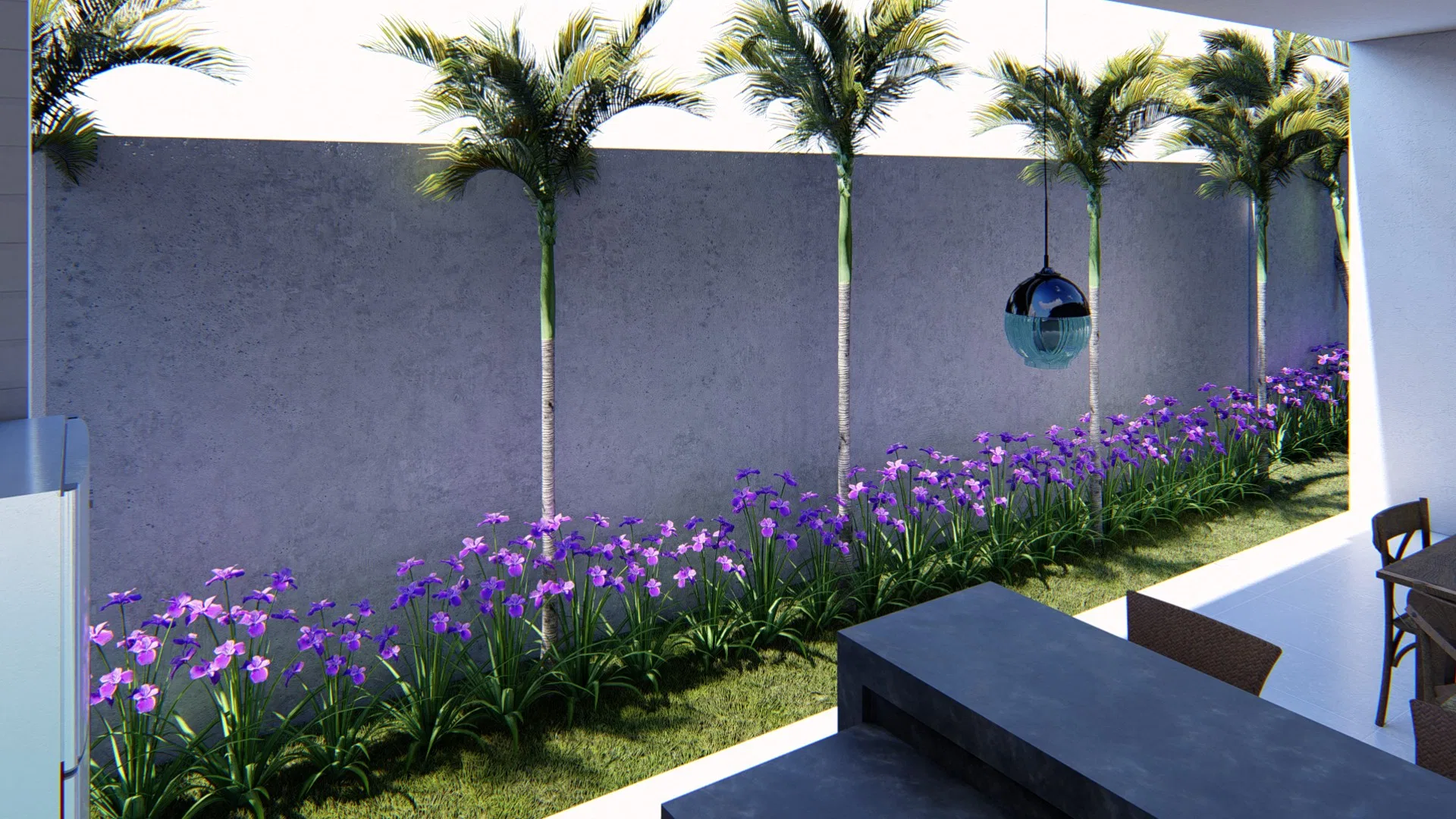 Bed of purple flowers at the foot of palms aligned along the concrete wall, a mirrored spherical pendant over the seating