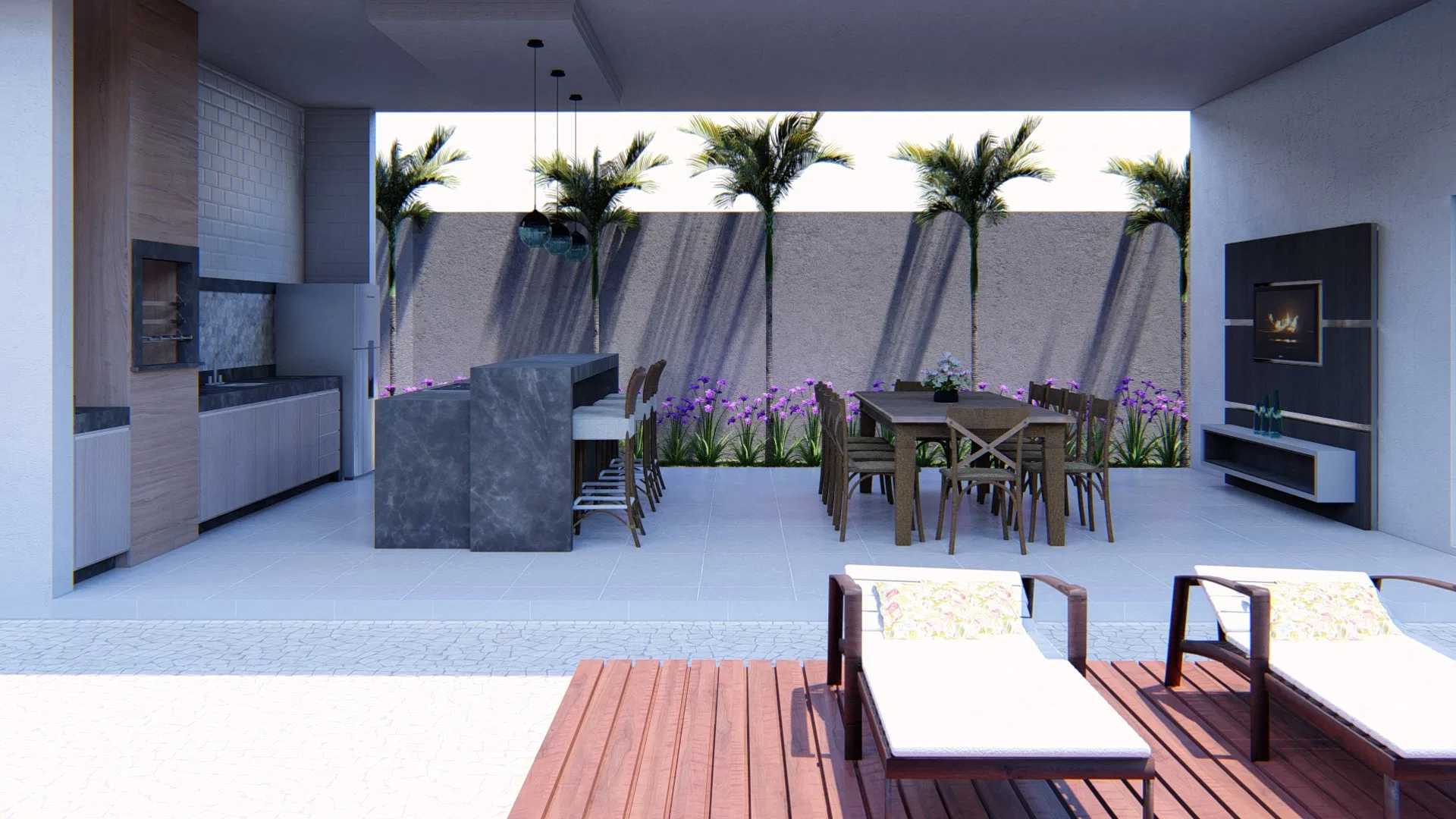 Covered outdoor kitchen with a grill, a stone bar counter and a dining table, palms and a bed of purple flowers behind