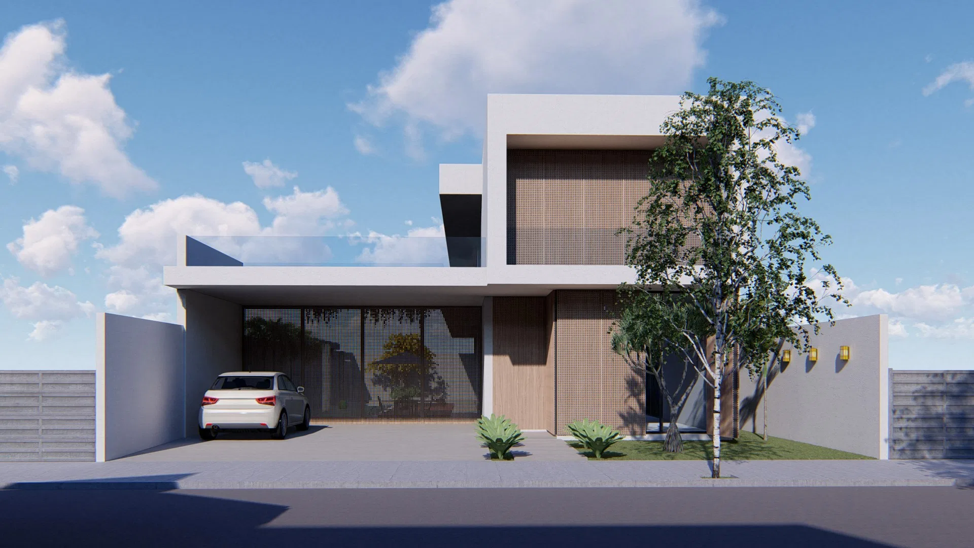 Contemporary house facade with white volumes, timber-slat panels and a car under the covered carport, a pale-trunked tree alongside