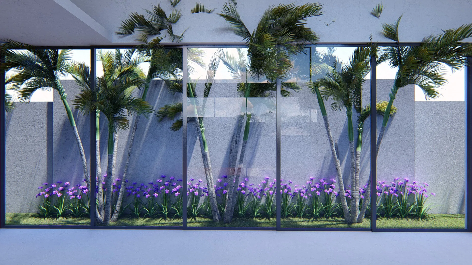 Glazed wall framing palms and a continuous bed of purple flowers against the bright, sunlit wall