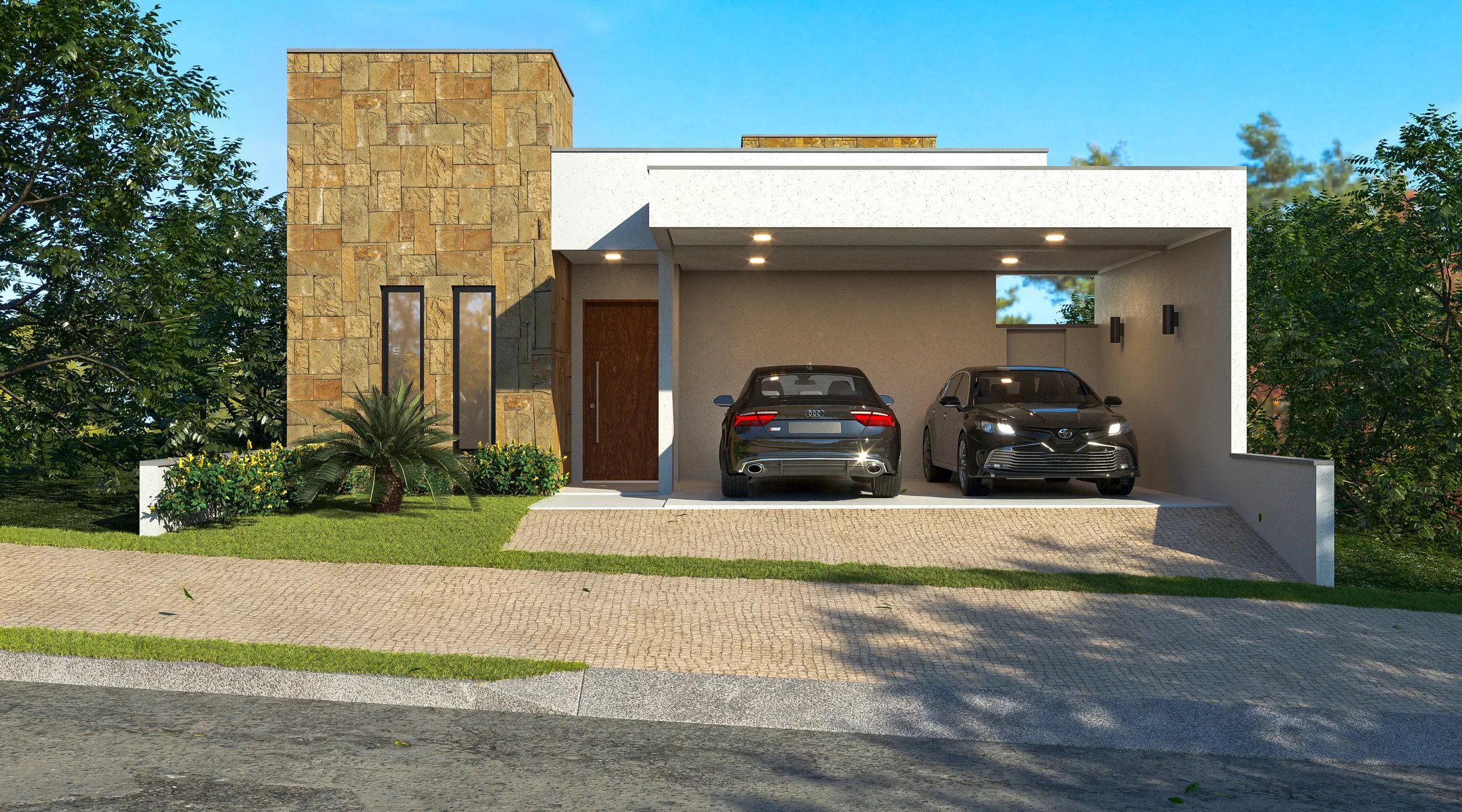 Single-story house facade with stone cladding, a wood door and a covered carport with two parked cars