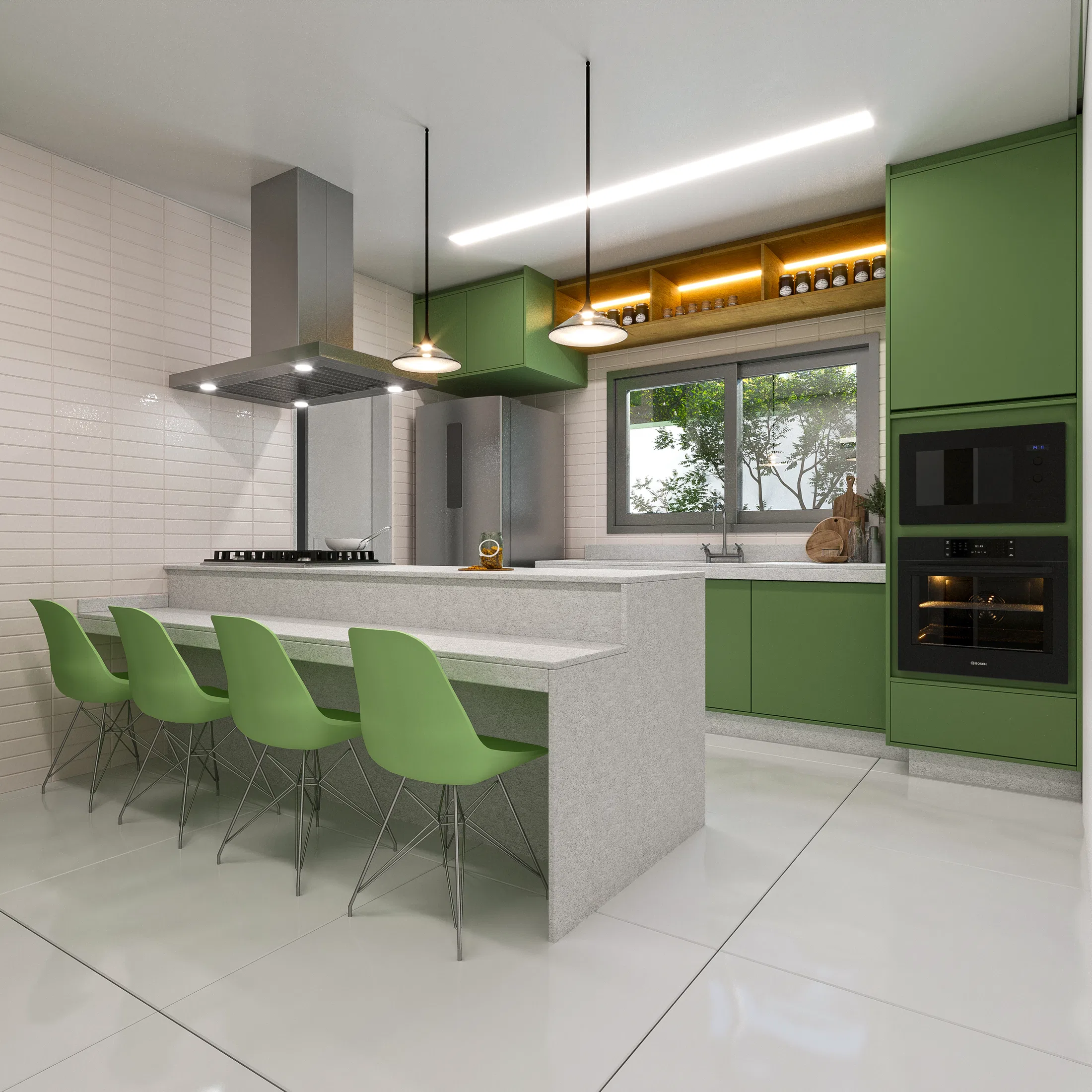 Open kitchen with a concrete central island, green stools, a stainless hood and dark green upper cabinets
