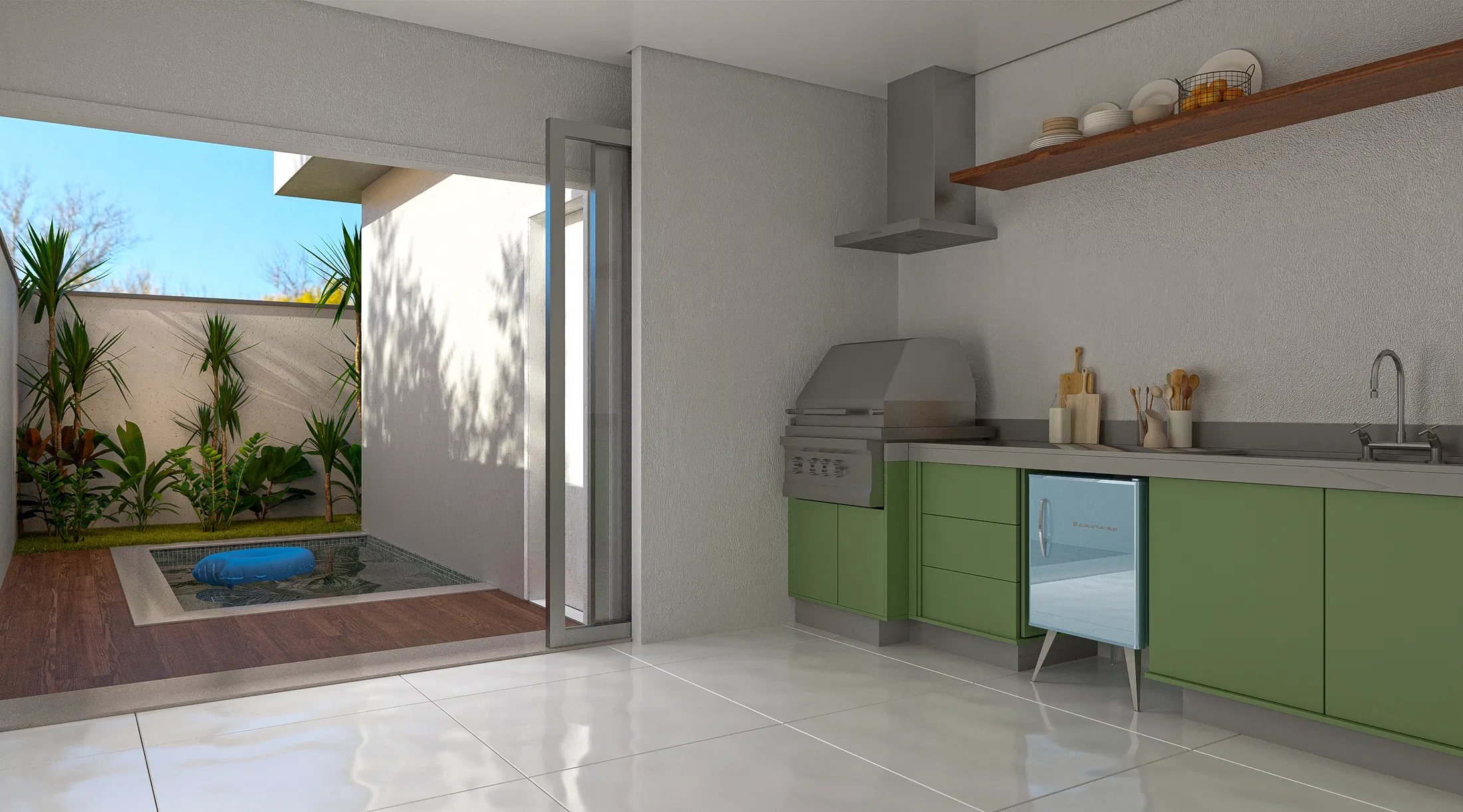 Outdoor gourmet area with olive-green cabinetry, a built-in grill and a vertical garden beside a glass door