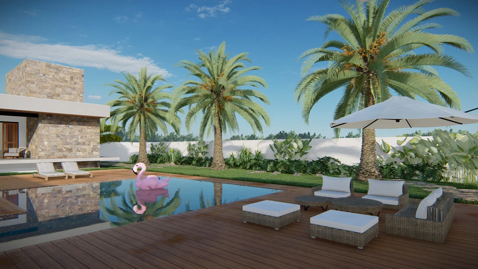 Timber pool deck with mature palms, rattan furniture, a white umbrella and a flamingo float drifting on the water
