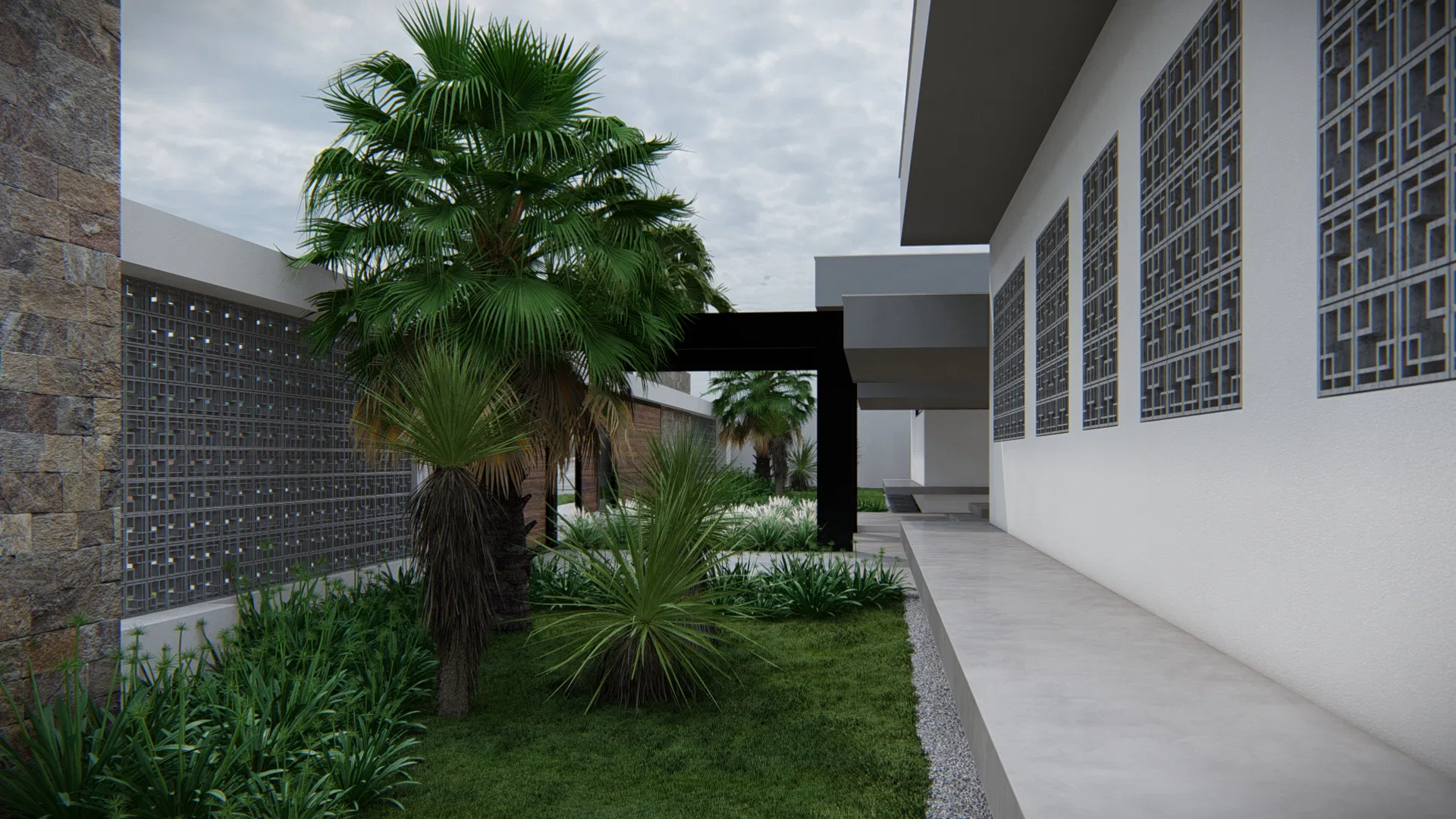 Side corridor with cobogó screens, a fan palm and clumps of grasses beside the concrete walkway