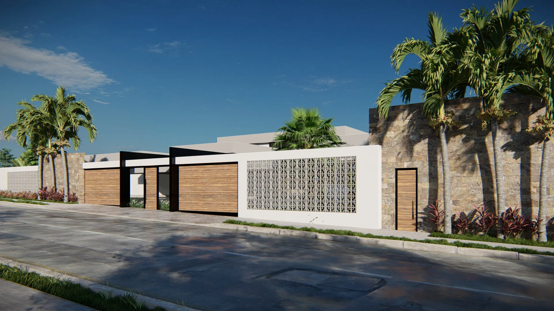 Street facade with slatted timber gates, a white cobogó panel, stone cladding and palms running along the wall