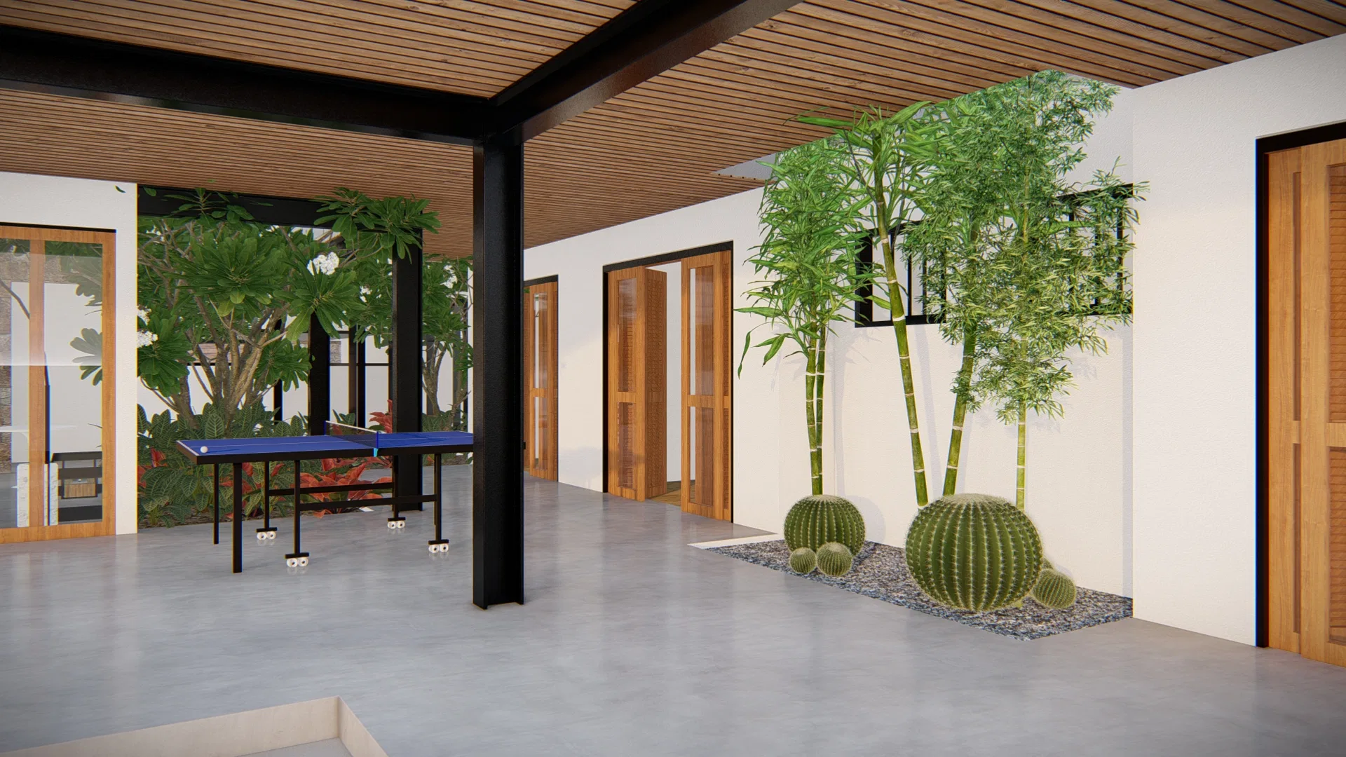 Covered area under a wood-slat ceiling, a blue ping-pong table and a bamboo clump with barrel cacti on gravel