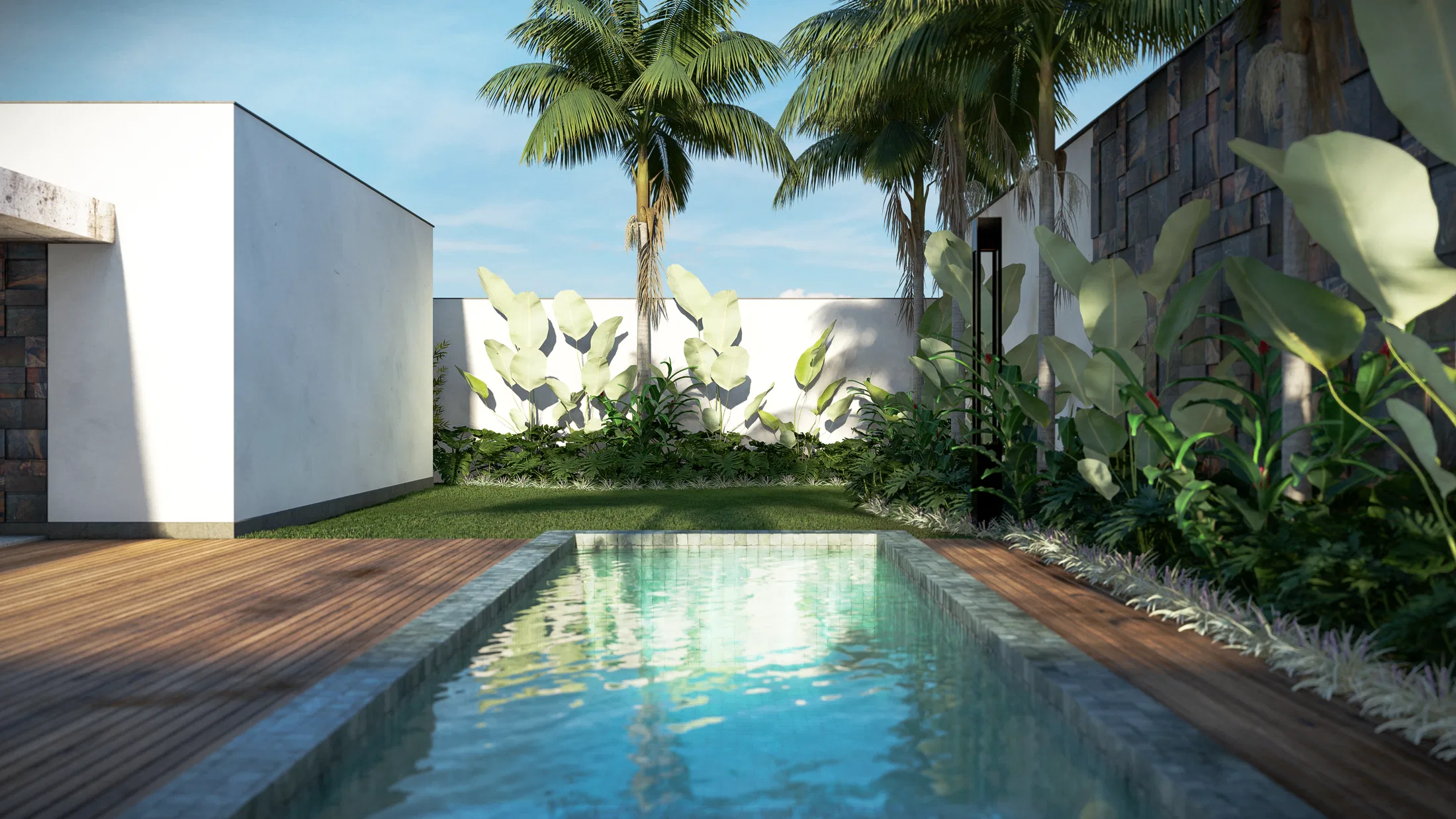 An elongated pool mirroring palms, with a timber deck, a pale wall behind and clusters of broad leaves framing the water.
