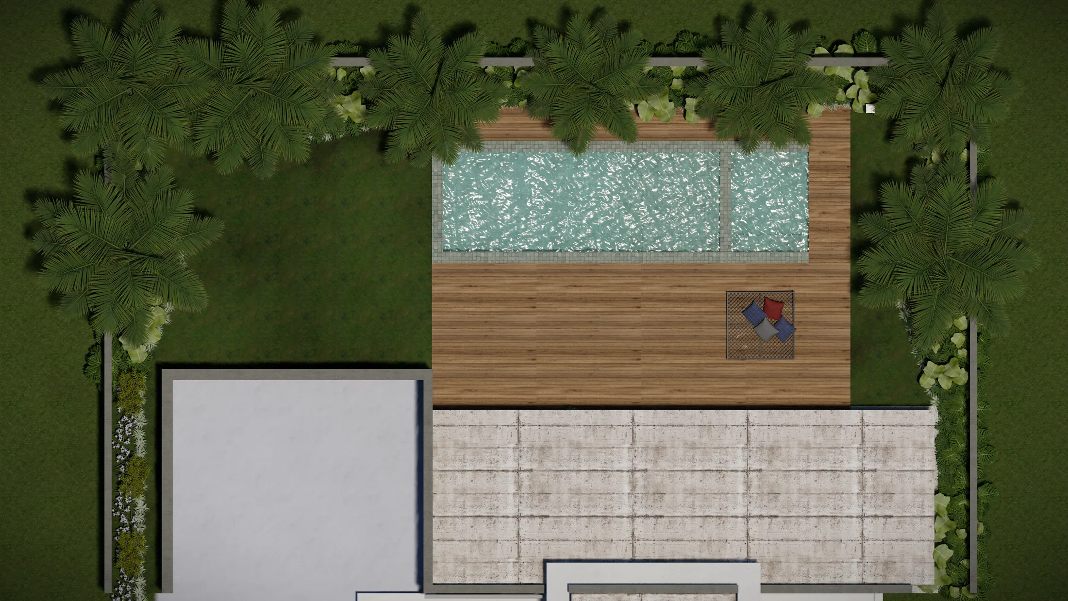 Top-down view centred on the pool and timber deck, ringed by palms and planting that frame the leisure area.