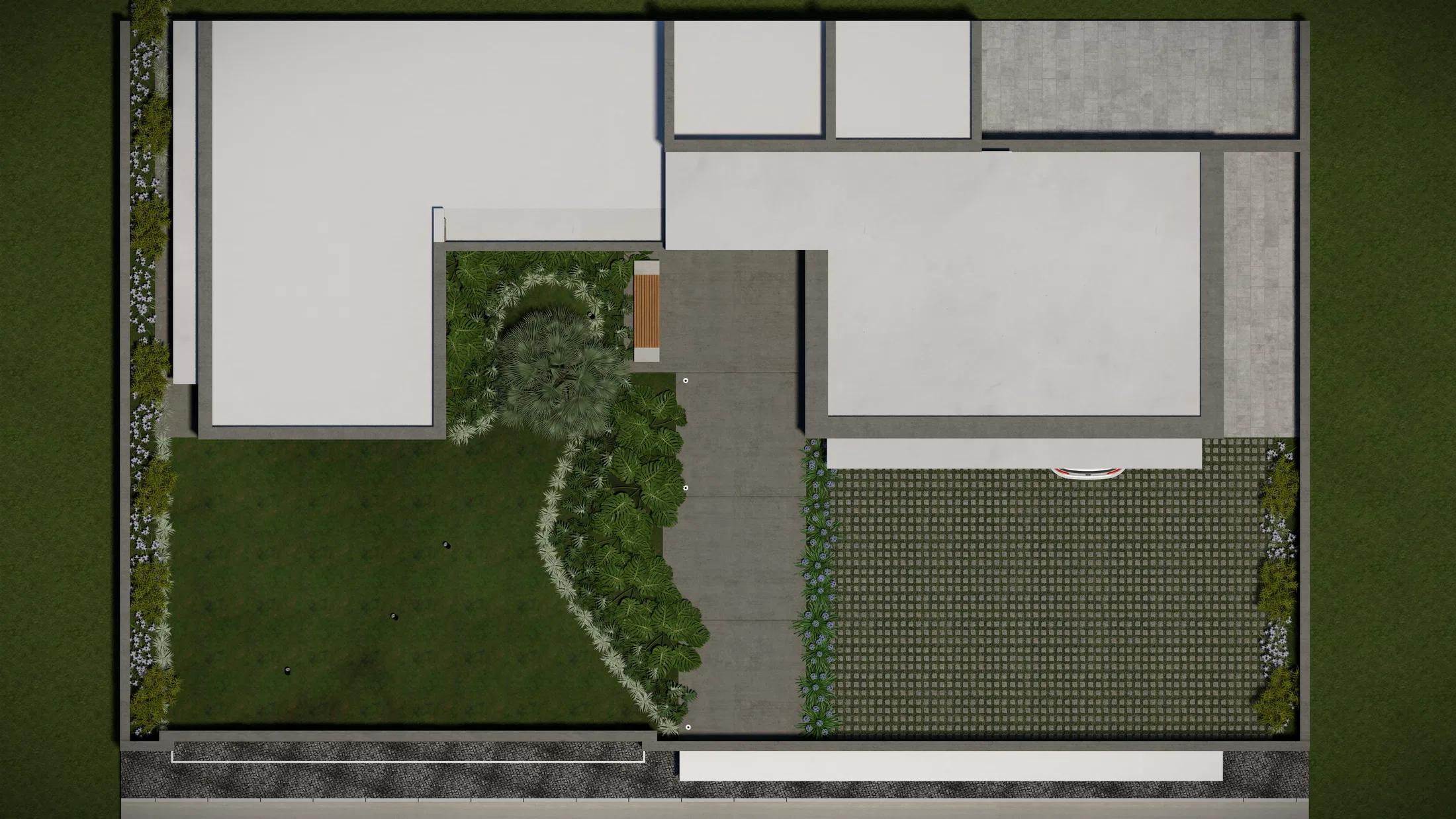 Aerial view of the plot showing the house footprint, the paved access, lawn strips and the layout of the gardens.
