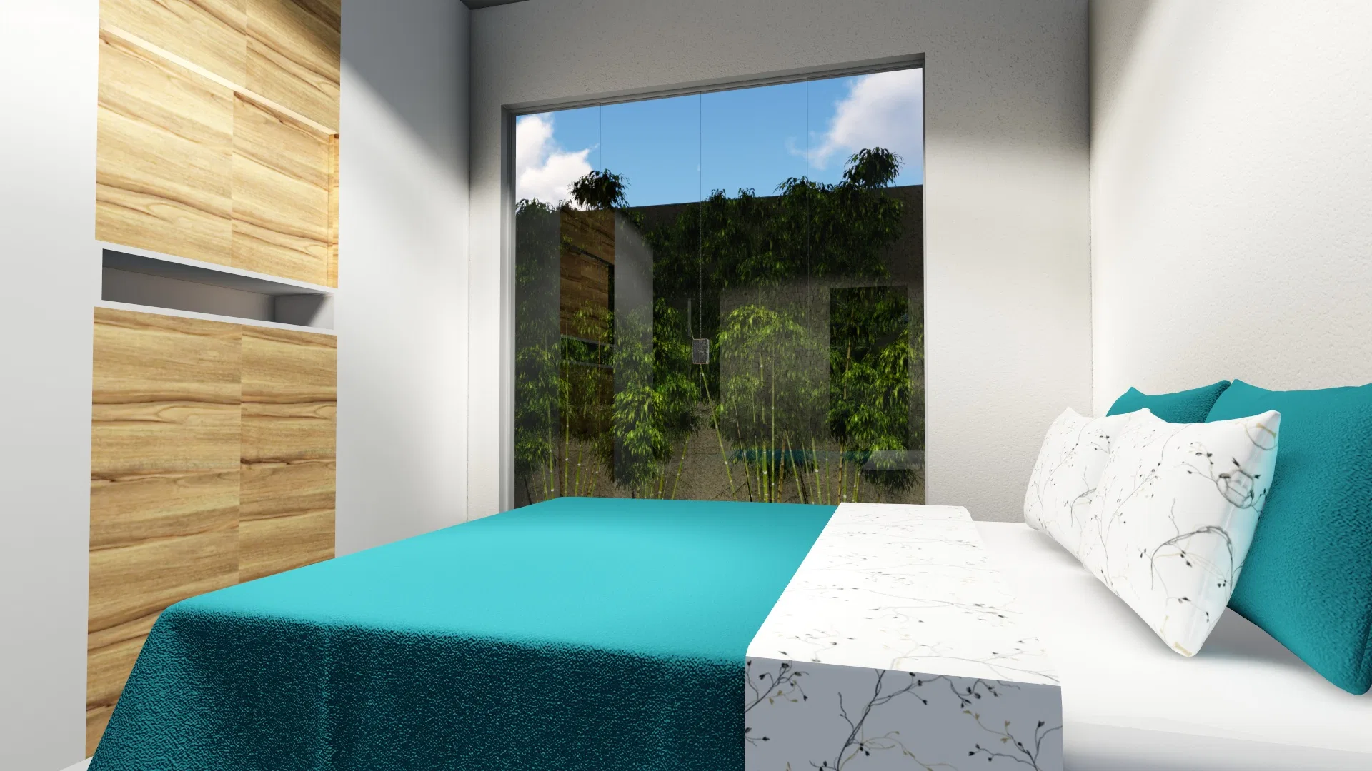 Bedroom with a teal bedspread and wooden wardrobe panels, a large window opening to a small internal bamboo garden over gravel