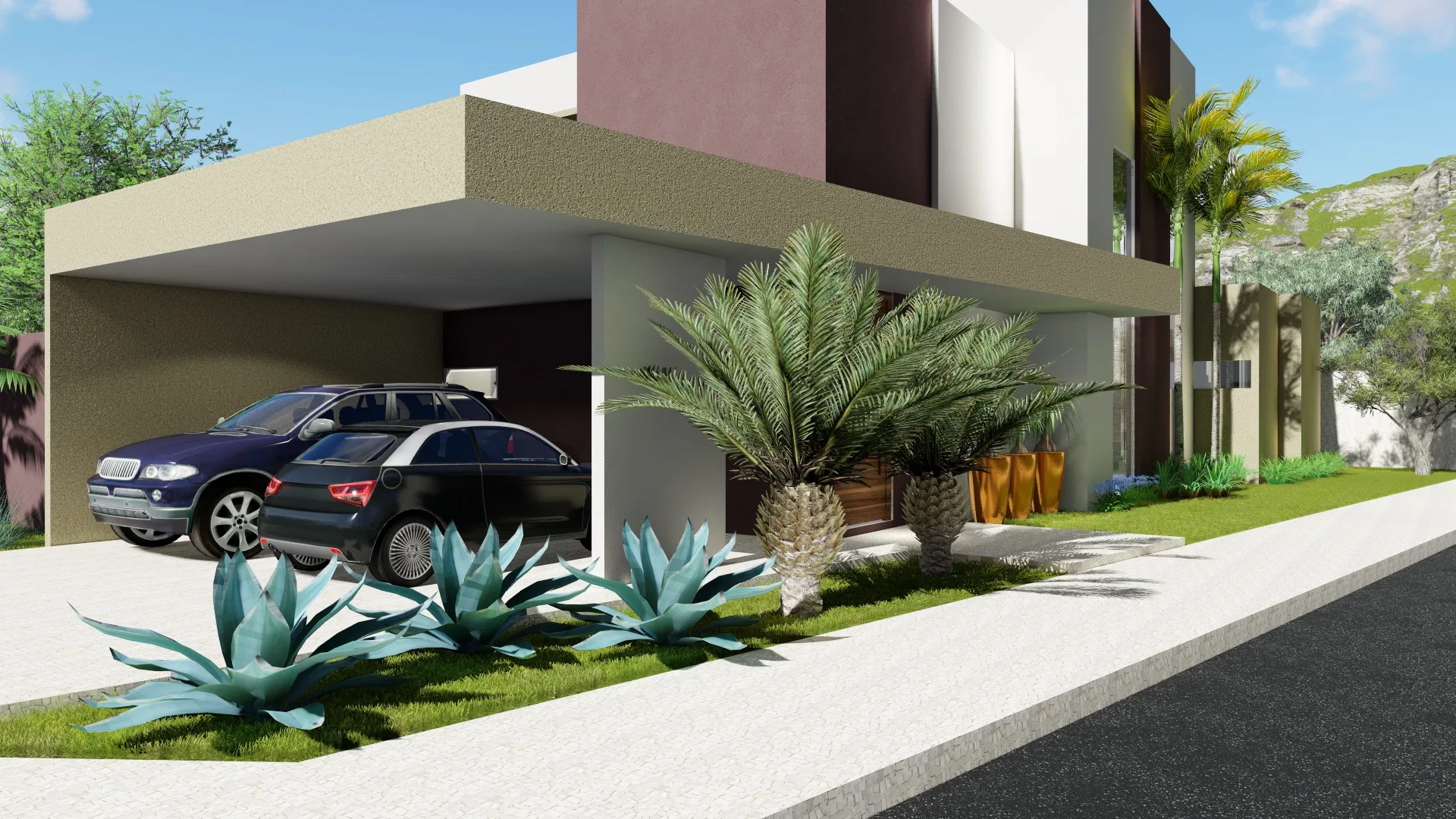 Side angle of the covered carport with a dark SUV, potted cycads and bluish agaves standing out in the bed by the pavement