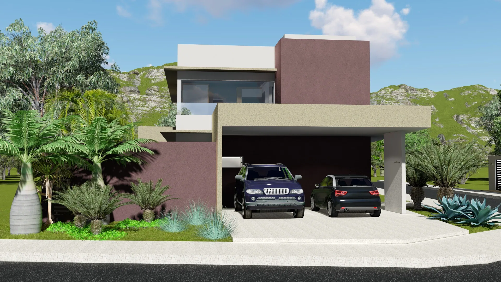 Contemporary two-storey house facade in neutral tones with a covered carport and two SUVs, an entry garden of palms, cycads and agaves before hills
