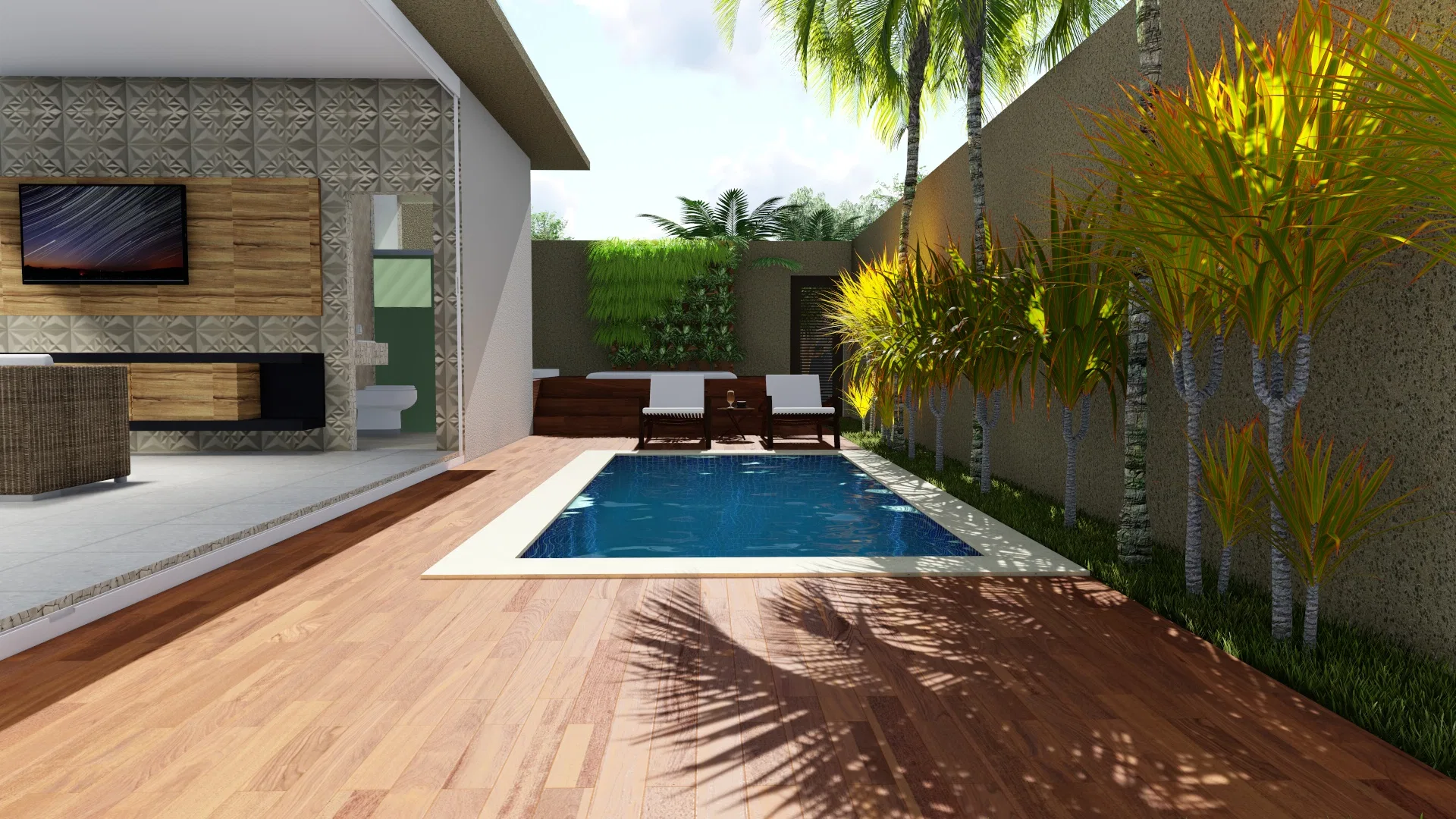 Pool area with a timber deck, a rectangular pool and loungers, palms and crotons along the wall and a covered gourmet space with a TV on the left