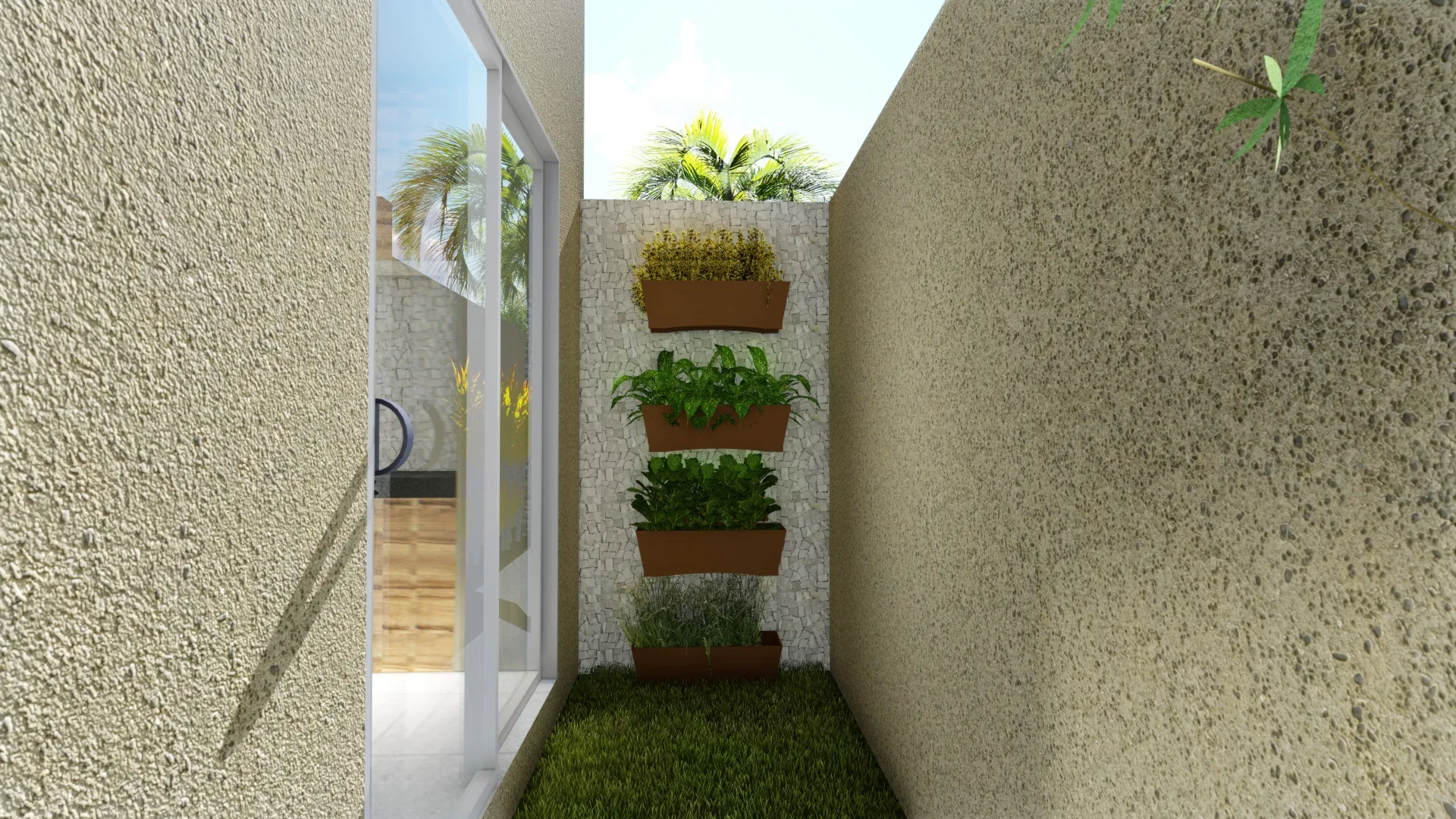 Narrow side corridor between textured walls, with tiered wall planters of herbs and greenery, a strip of lawn and a glass sliding door beyond