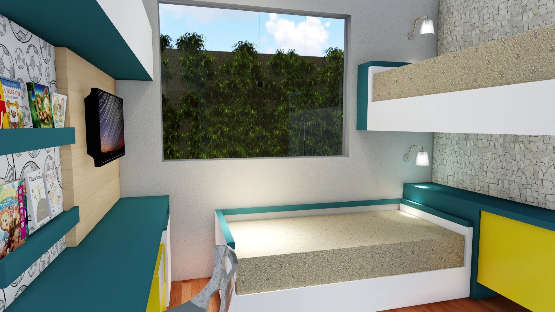 Children's bedroom in teal, white and yellow with a low bed, a suspended bunk, a wall TV and book shelves, a window onto a green wall