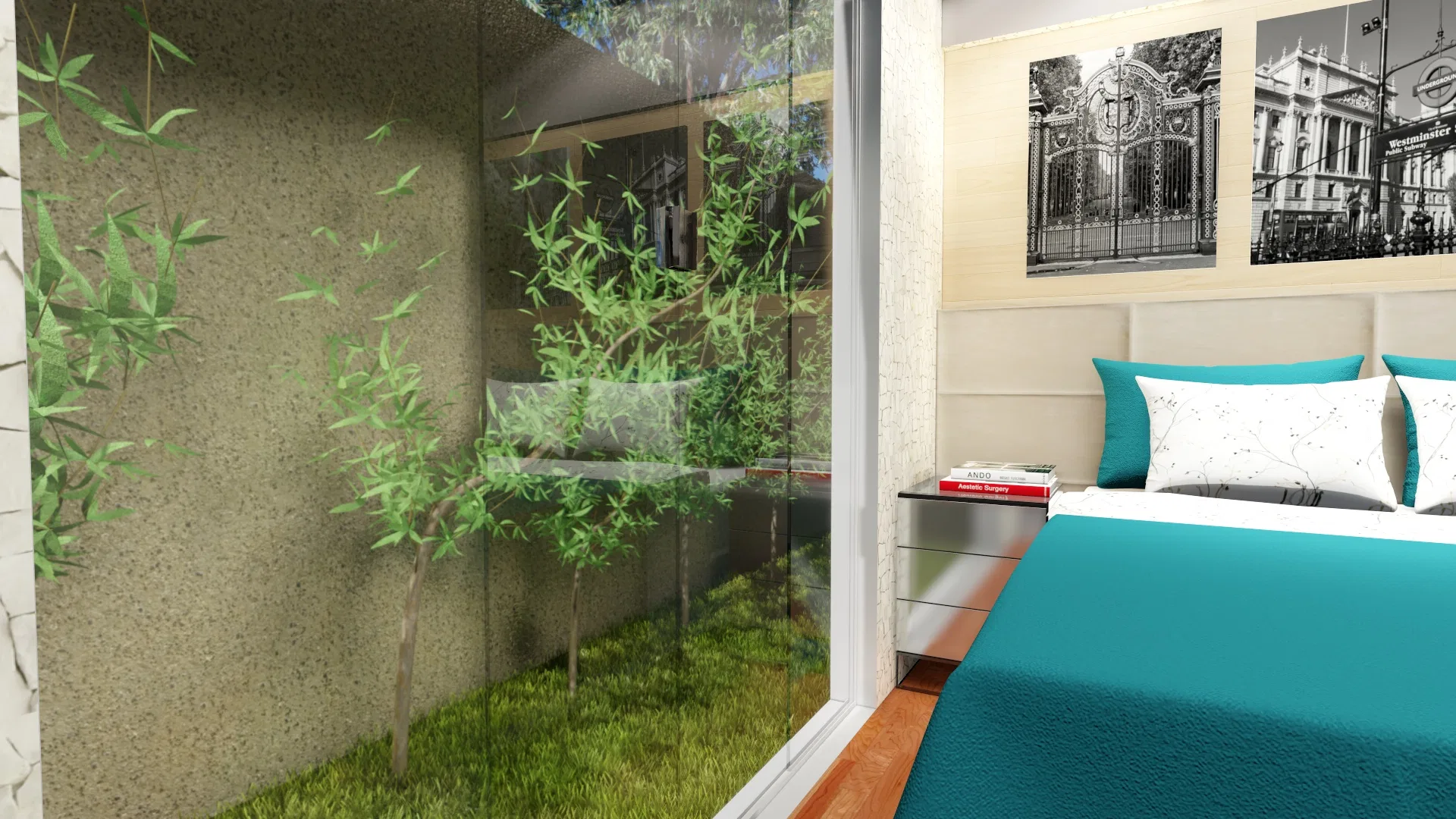 Double bedroom with a teal bedspread and framed black-and-white prints above the headboard, wide glazing revealing a small lawned internal garden