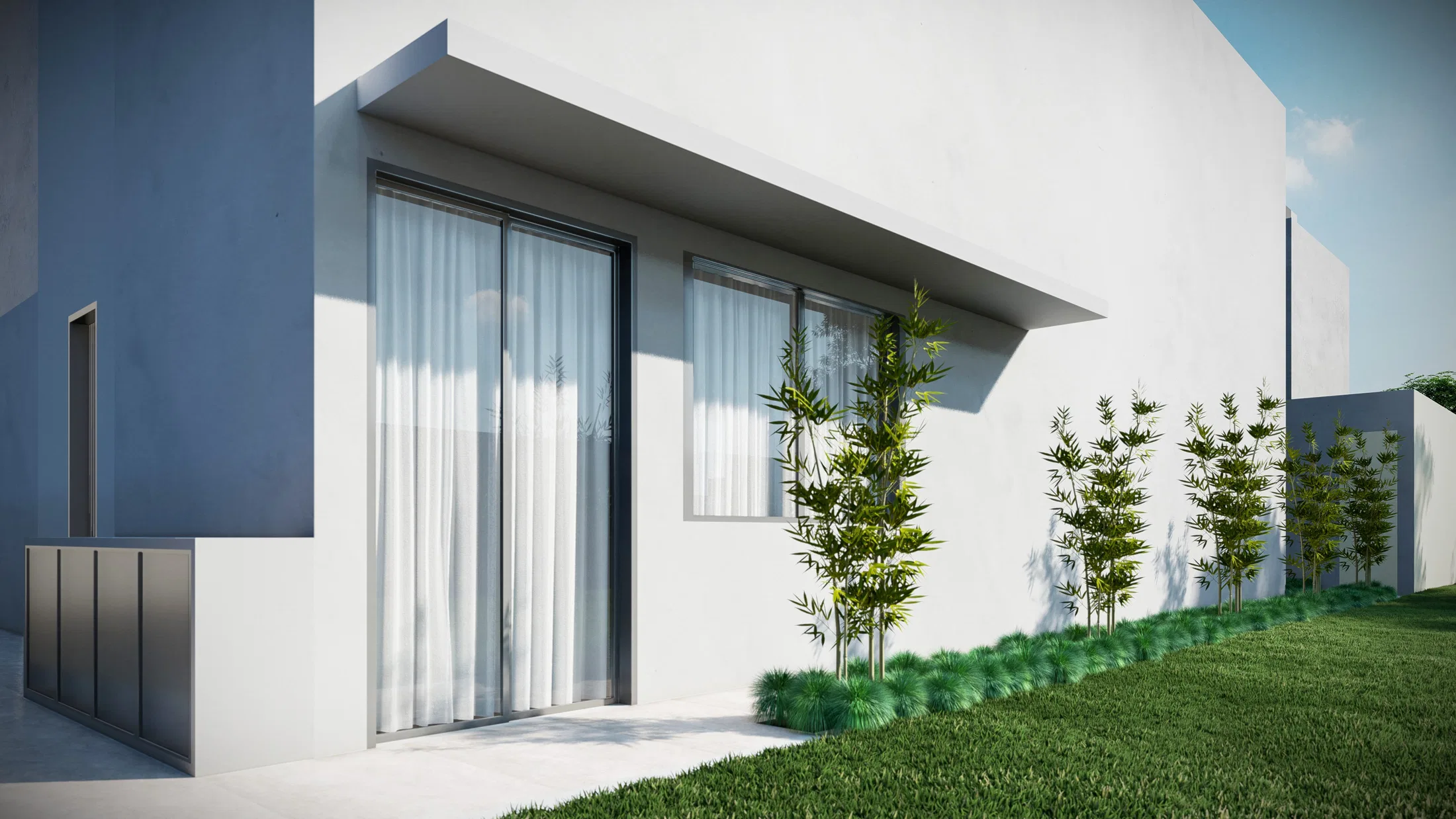 White side facade with a sliding door and a sheer-curtained window, a row of young bamboo and low groundcover following the base of the wall