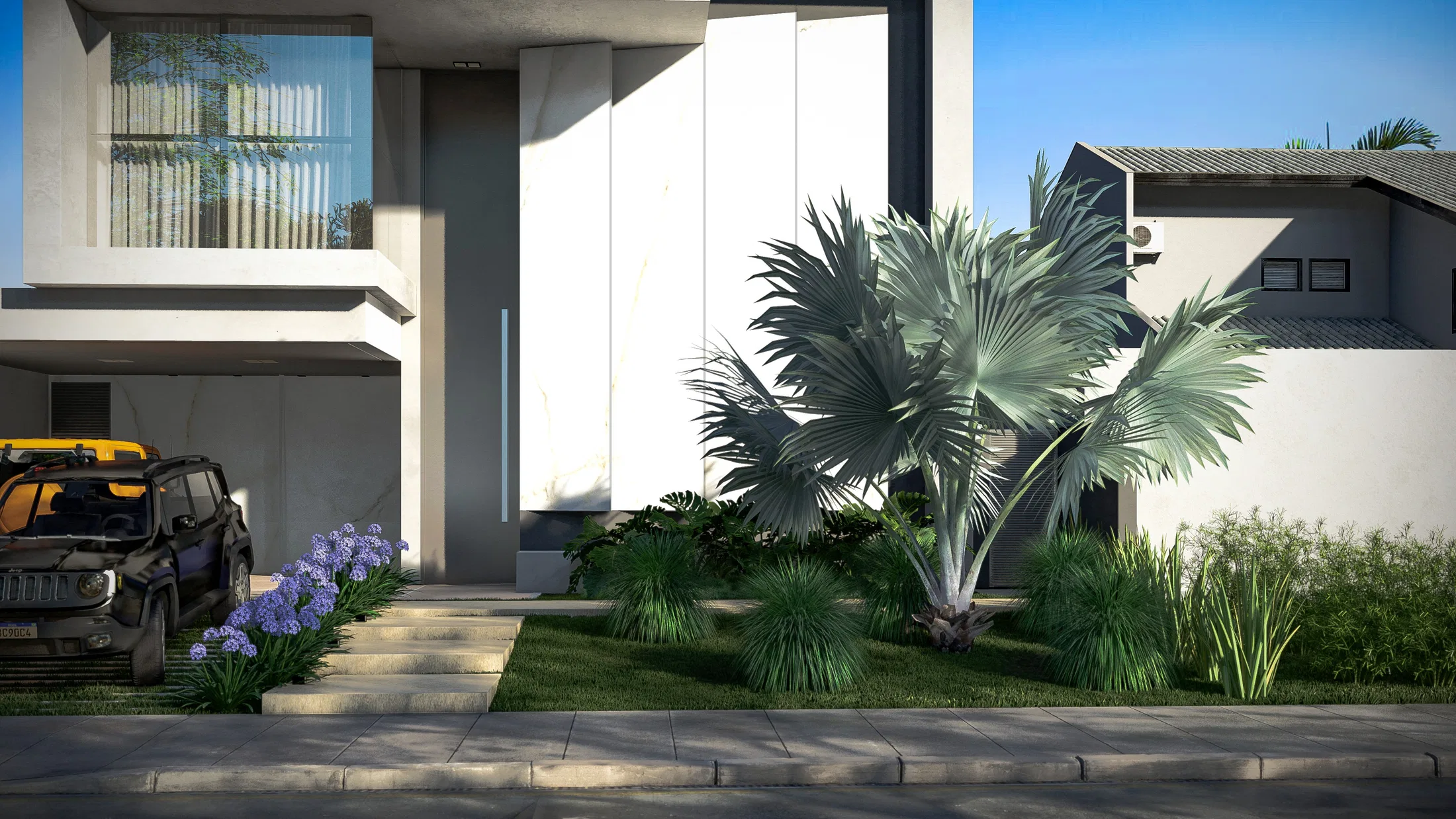 Close-up of the entrance garden with the blue fan palm as focus, flowering agapanthus, ornamental grasses and a stepping-stone path toward the house
