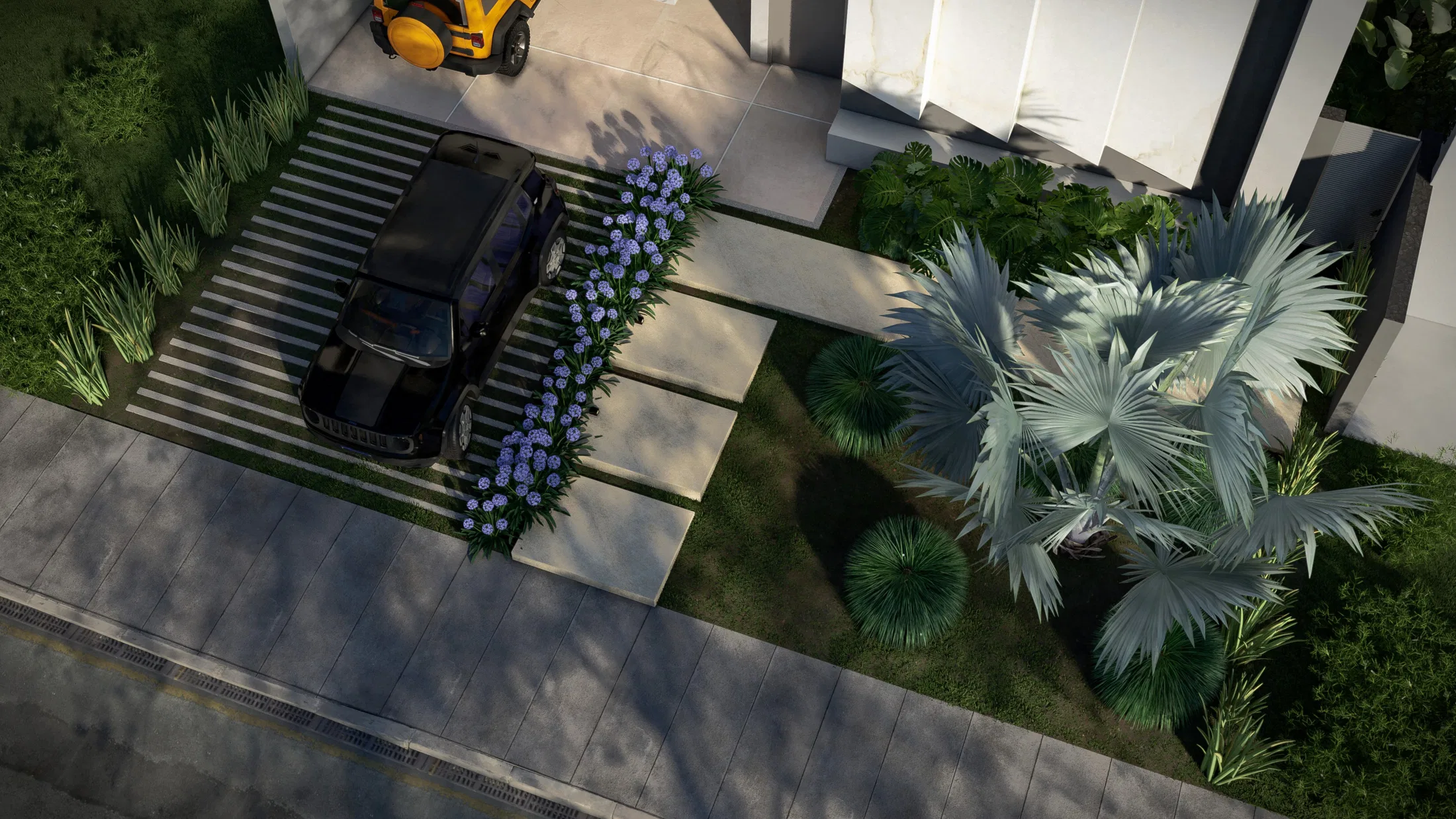 Aerial view of the entrance with a black vehicle in the carport, striped paving, lilac agapanthus lining the path and blue fan palms in the front bed