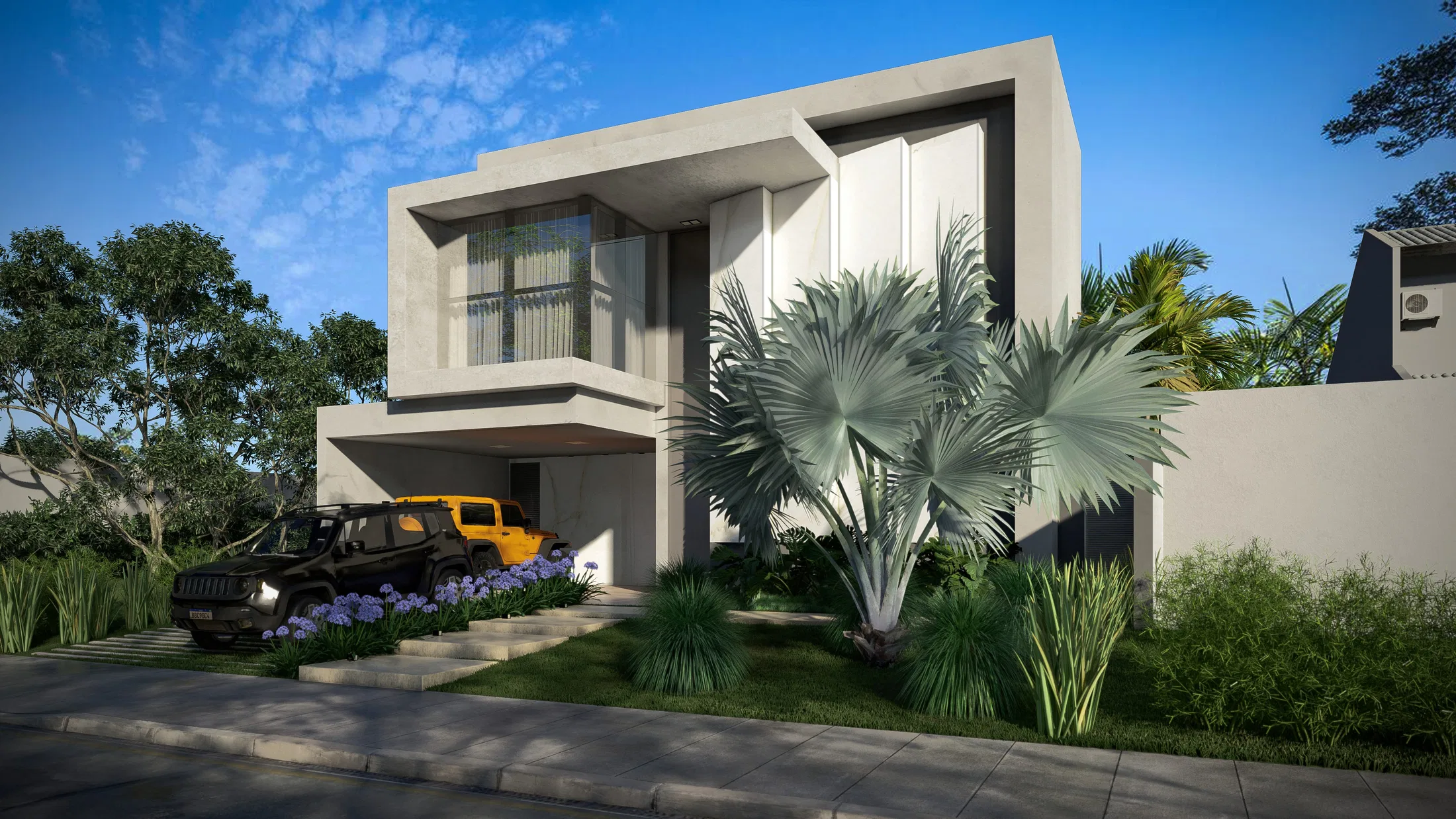 Three-quarter view of the white house with a prominent blue fan palm in the garden, beds of agapanthus and grasses and a black vehicle under the carport