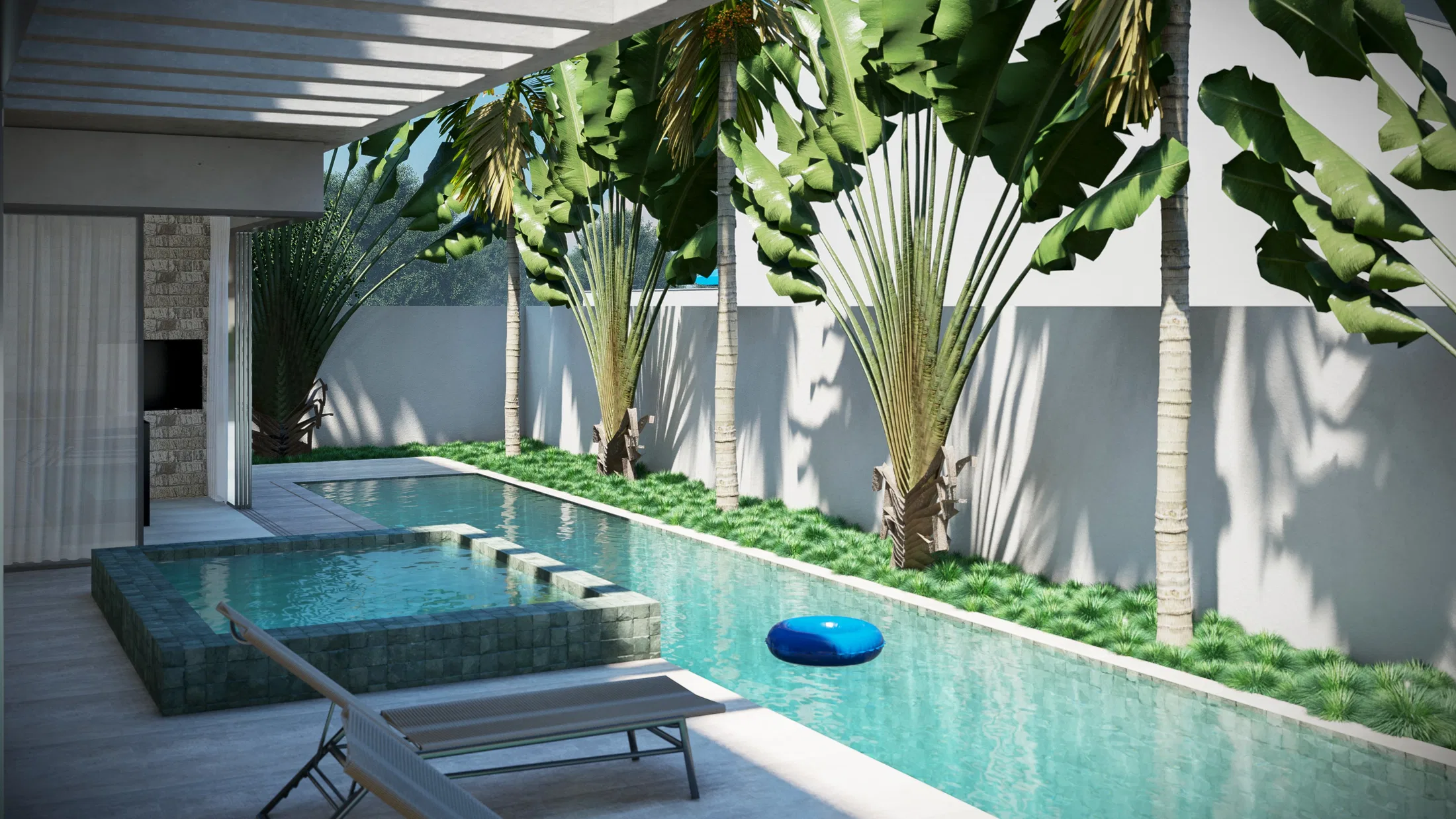 Backyard with a narrow green-tiled lap pool under a pergola, traveller's palms along the white wall and a sun lounger on the deck