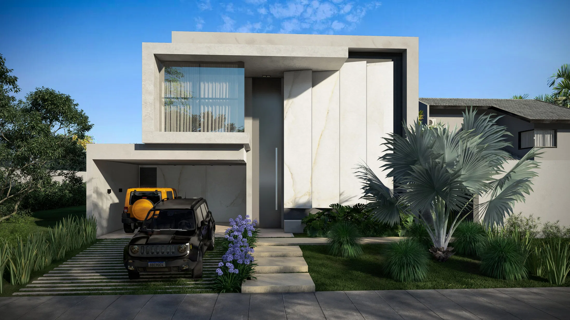 Light contemporary house facade with a covered carport sheltering a black vehicle, front garden with a blue fan palm and lilac agapanthus beside the path