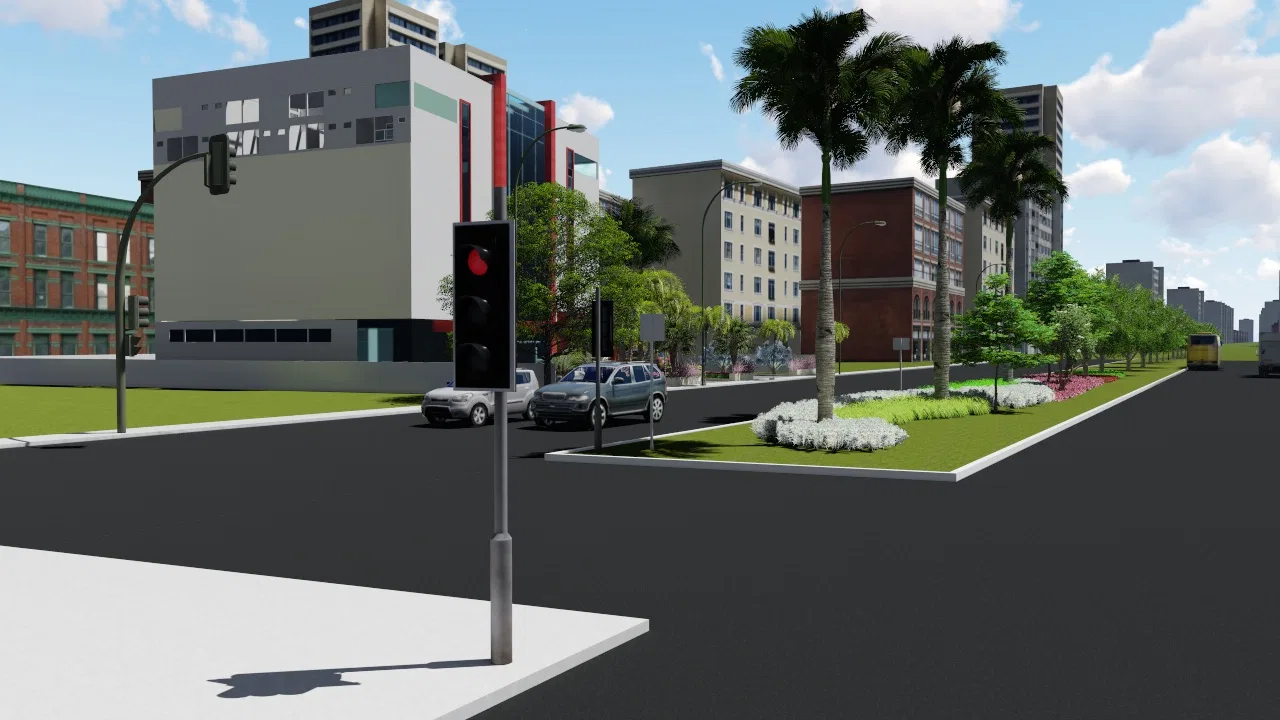 Cruzamento com semáforo e canteiro de esquina com palmeira e forração branca, carros na via e edifícios urbanos ao fundo.