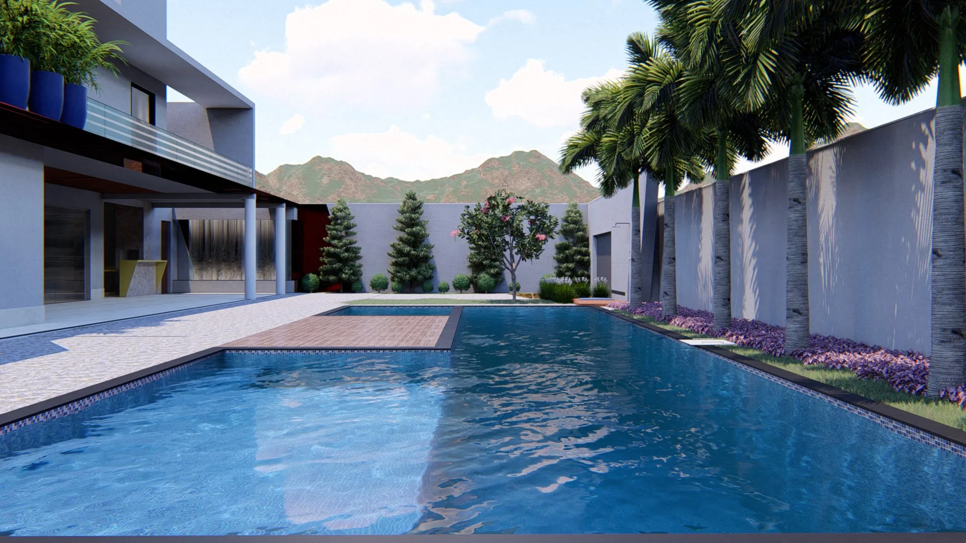 Long pool alongside the single-story house, with an inner wood platform, a small flowering tree and hills beyond the wall