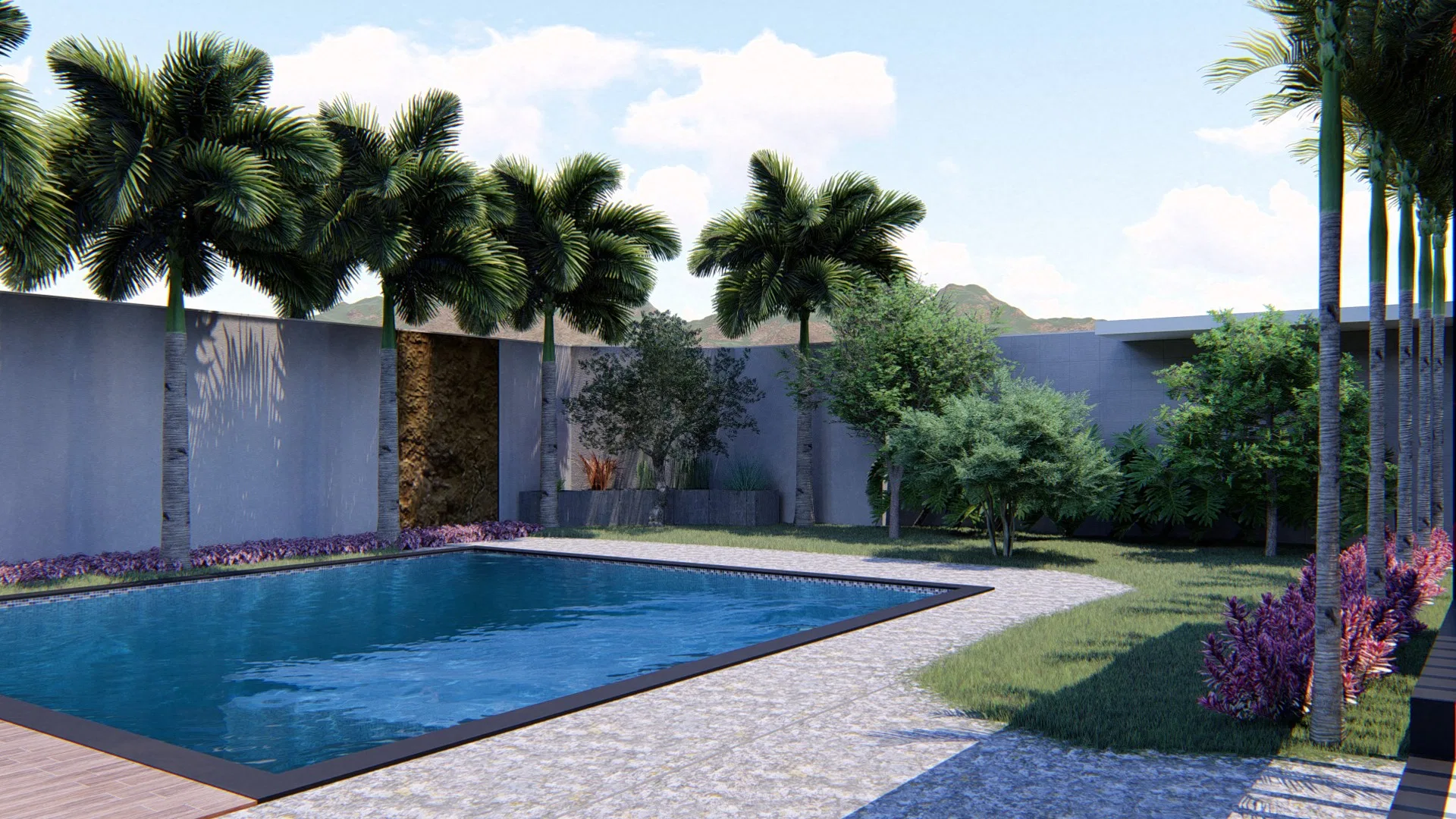 Lap pool with a wood deck, framed by imperial palms and gray walls, with a pebble path and purple flowering shrubs beside the lawn