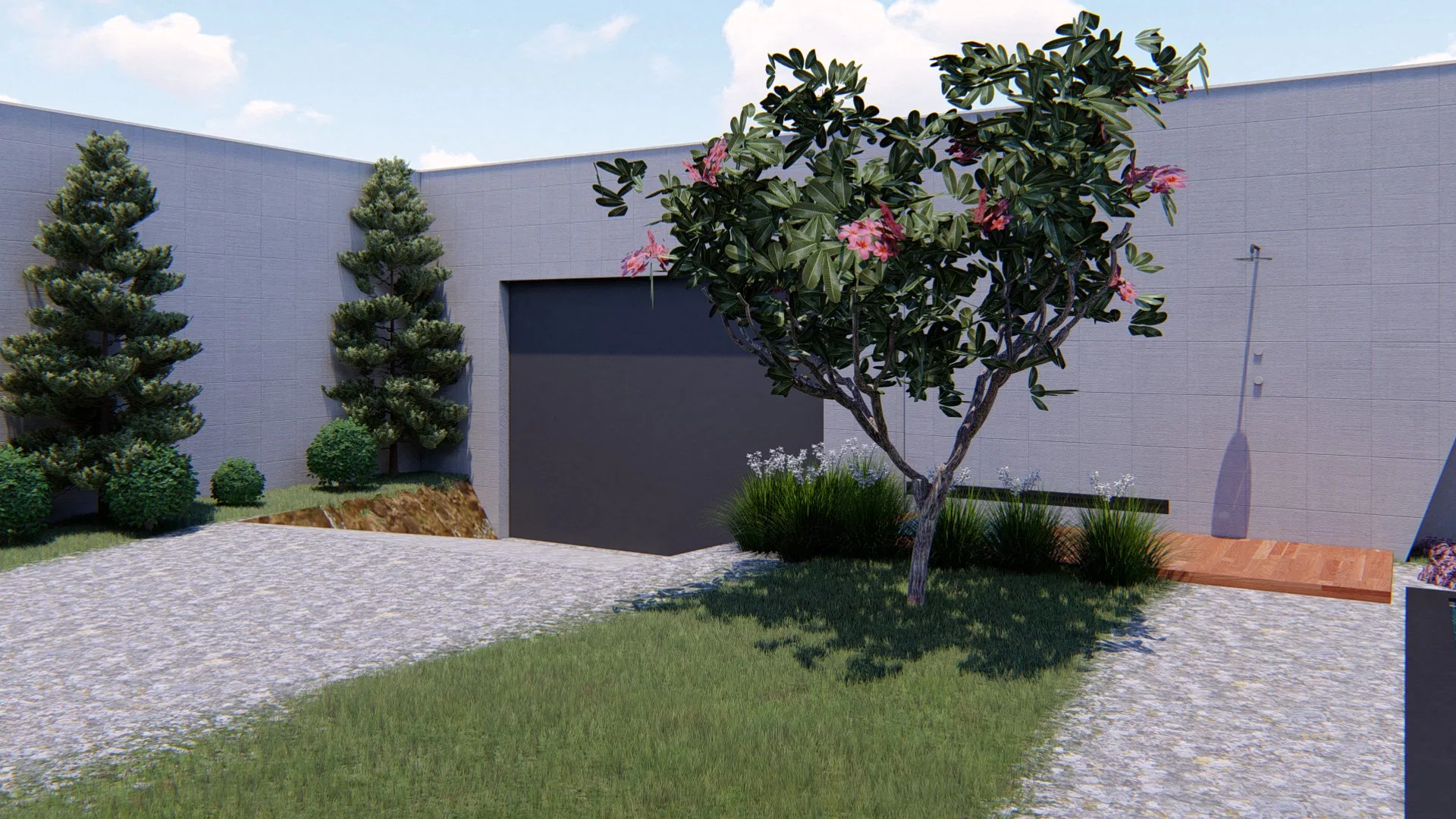 Garage facade with a dark door, a pink-flowering tree and conifers over pebble paving and a strip of lawn
