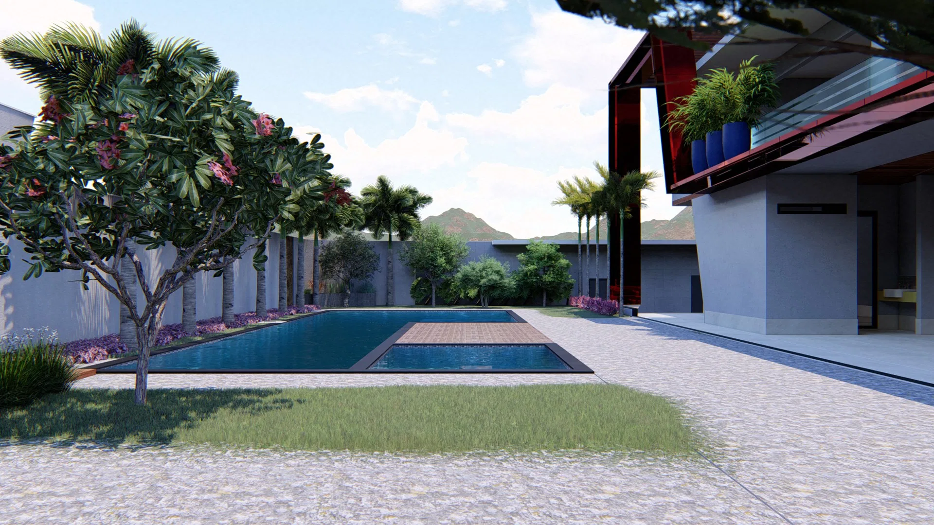 Wide view of the garden with the pool, a pink-flowering tree in the foreground and the house with dark accents and blue planters alongside