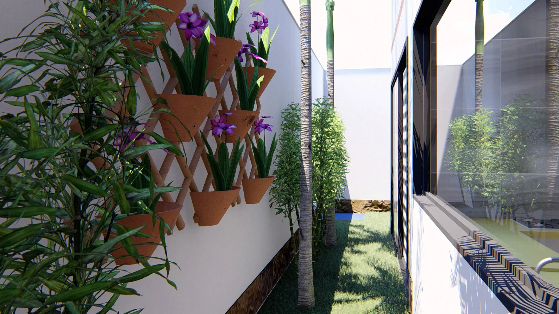 Side corridor with a vertical garden of terracotta pots on a trellis, purple orchids, bamboo and palms against a white wall