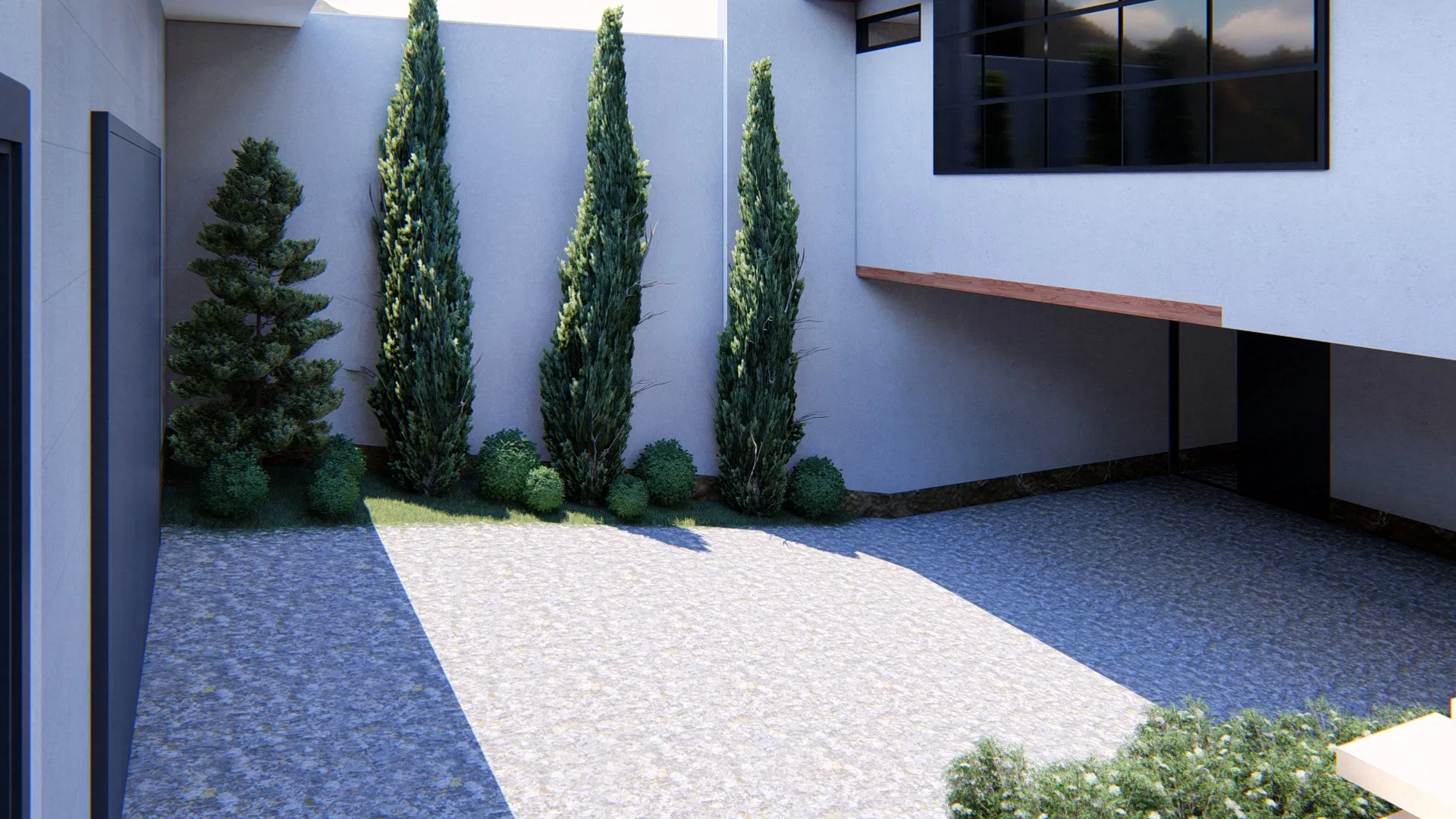 Columnar conifers aligned against a pale white wall, with low ground cover and pebble paving by the home's covered access