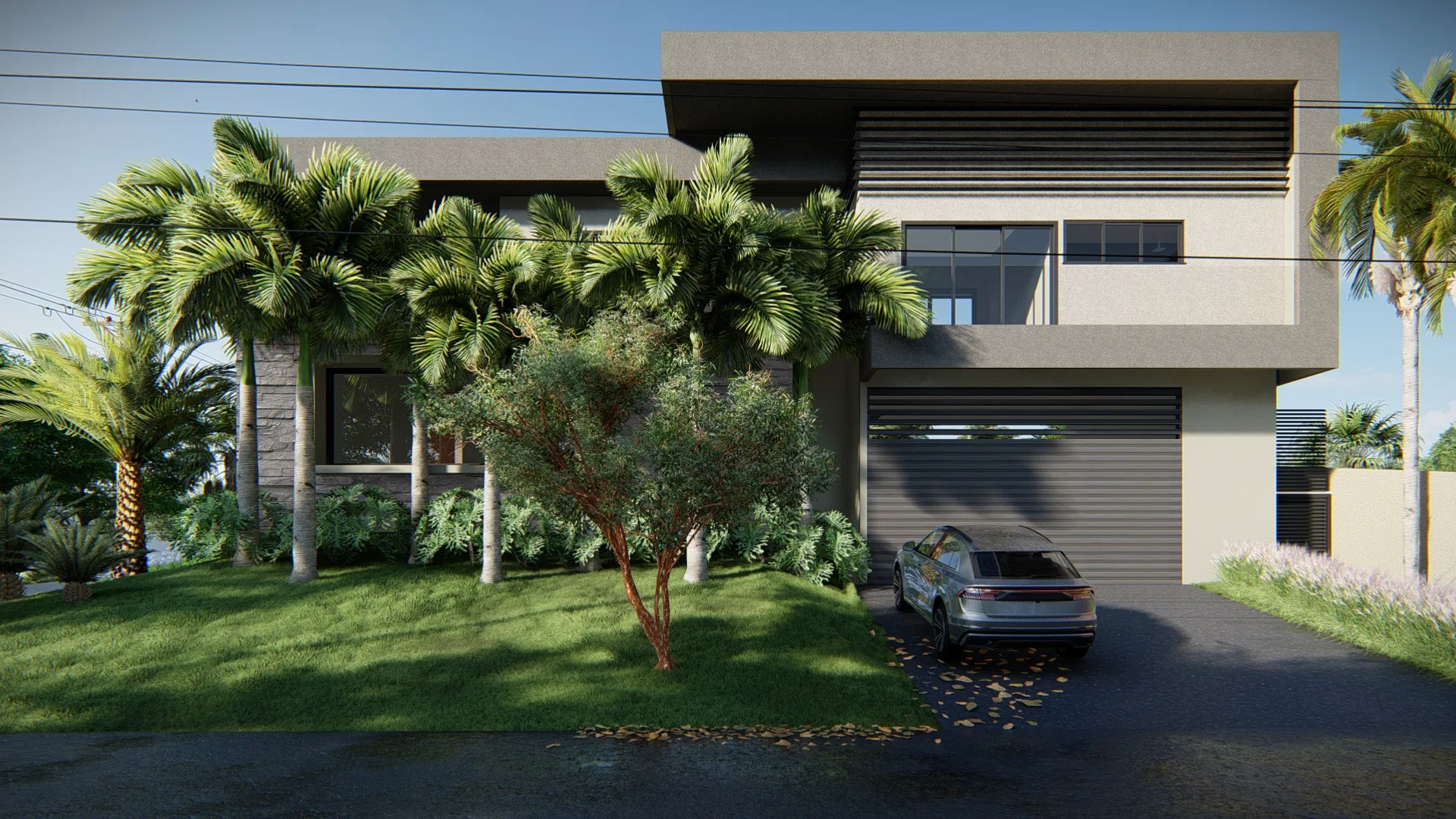 Front of the two-storey residence with slender palms, a single small tree and an SUV parked before the garage