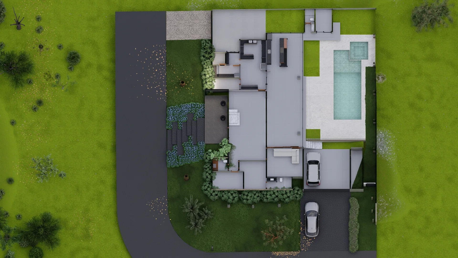 Aerial site plan showing the house roof, pool and deck, a paved driveway with two cars and grassy gardens around
