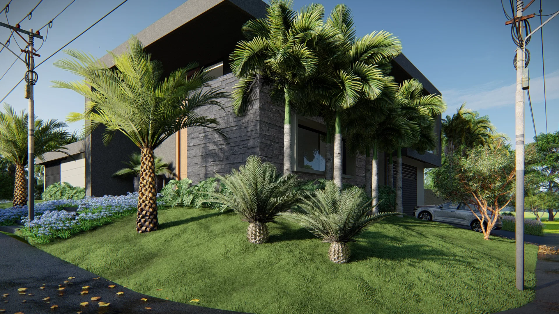 Side angle of the dark house with stone cladding, palms and sago cycads set on the sloped lawn and a car in the background
