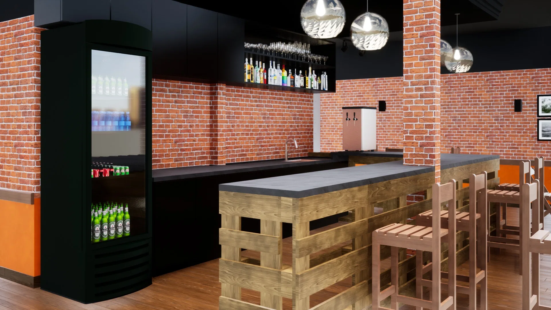 Detail of the pallet-wood counter with a dark stone top, high stools, a brick wall, a bottle shelf and a glass-door drinks cooler