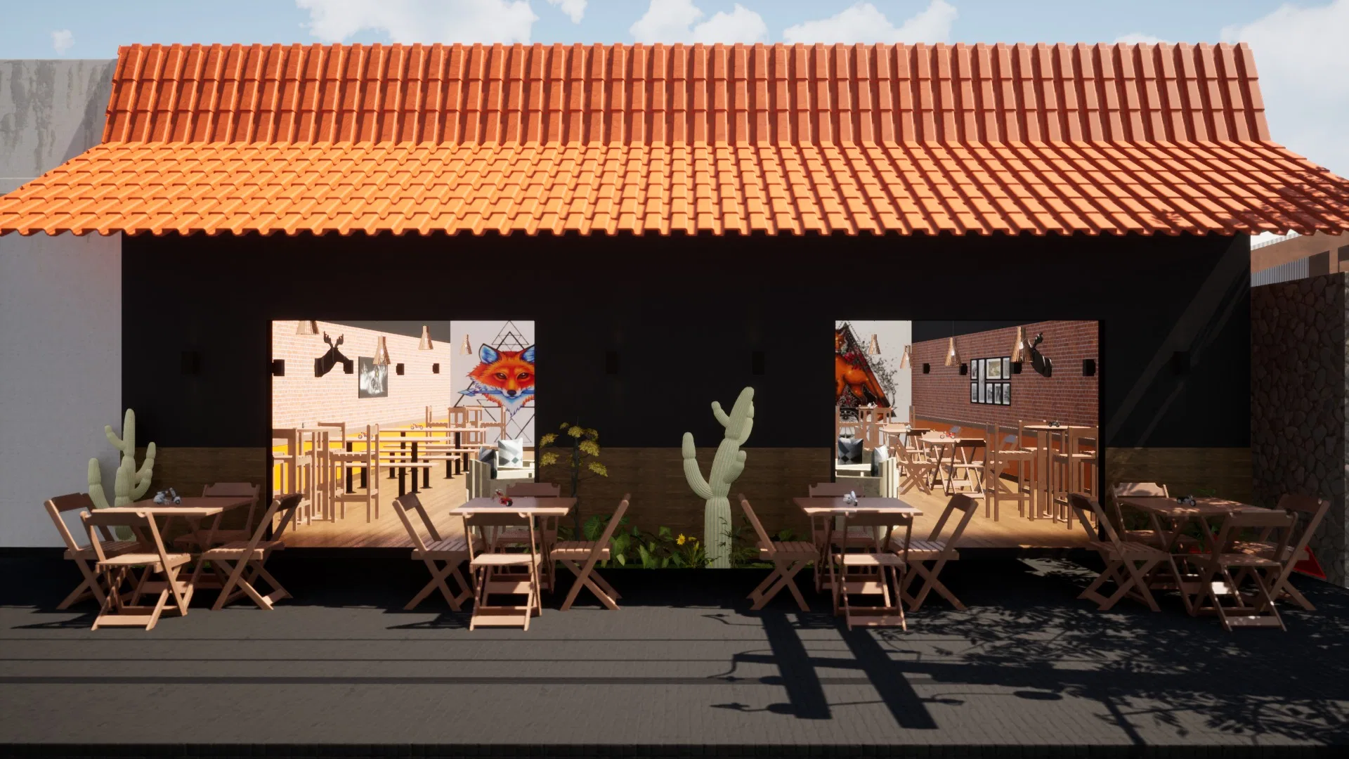 Daytime front elevation with two large openings revealing fox murals, cacti and wooden folding tables on a dark floor