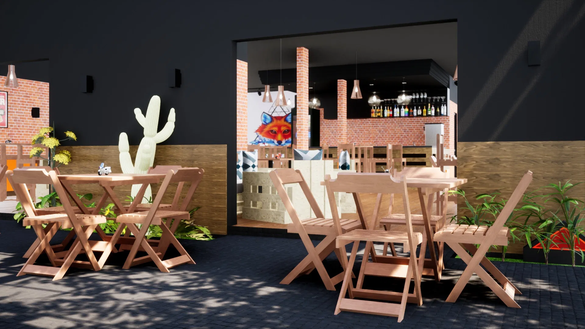 Patio with wooden folding tables and chairs, an illuminated cactus and a view of the brick bar with a fox mural behind