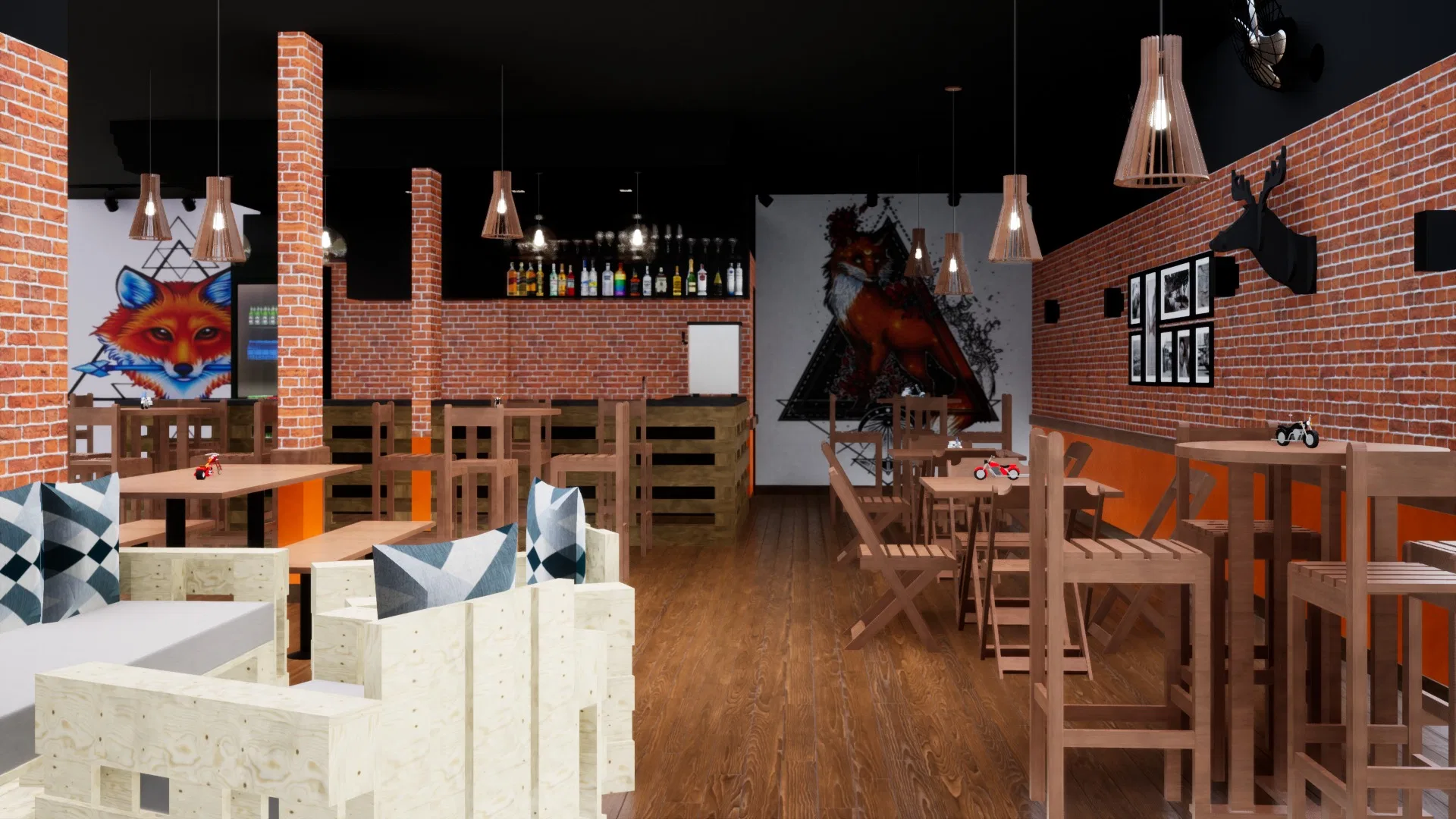 Interior hall in exposed brick with a black ceiling, fox mural, drinks shelf, OSB benches with geometric cushions and pendant lamps
