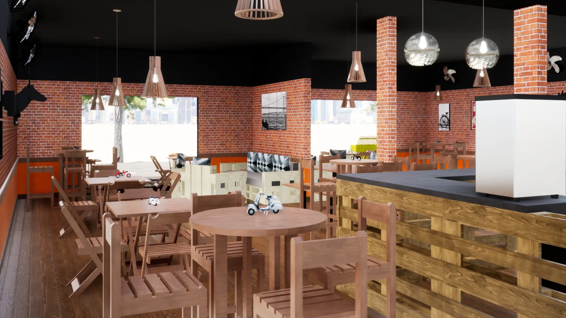 Interior with a pallet-wood counter, round and square tables, brick columns, an orange band and scooter models used as decoration