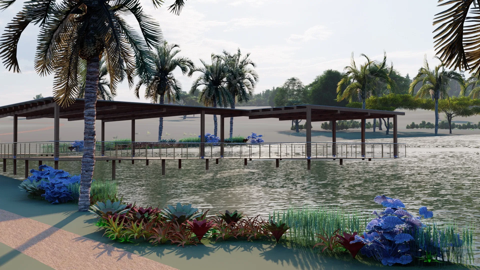 Wooden pergola over the lake connected to a deck, with a bed of colorful foliage in the foreground and palm trees around it