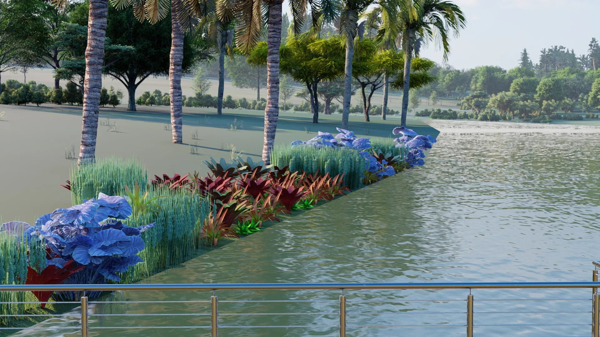 Bed of blue and purple flowering plants along the lake's edge, framed by palm trees, seen from a deck with a railing