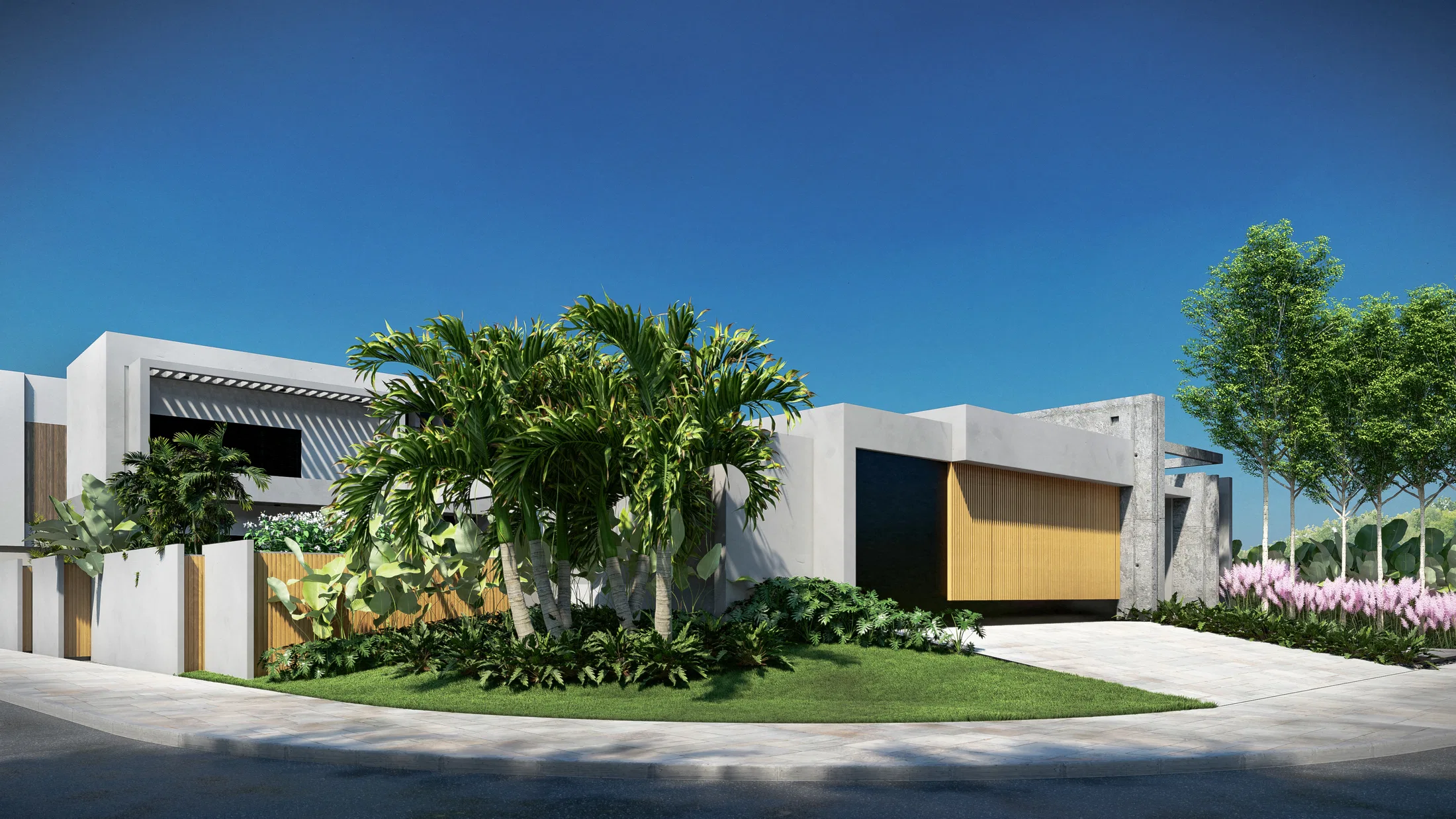 Architectural visualization of Residential Landscape Design with Contemplative Inner Courtyard and Tree-Lined Facade — GRON 3D