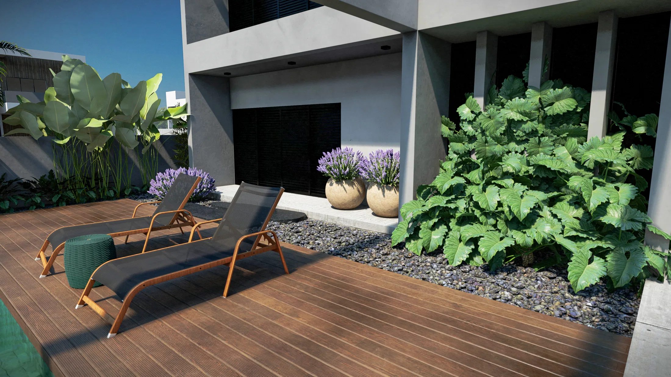 Architectural visualization of Residential Landscape Design with Contemplative Inner Courtyard and Tree-Lined Facade — GRON 3D